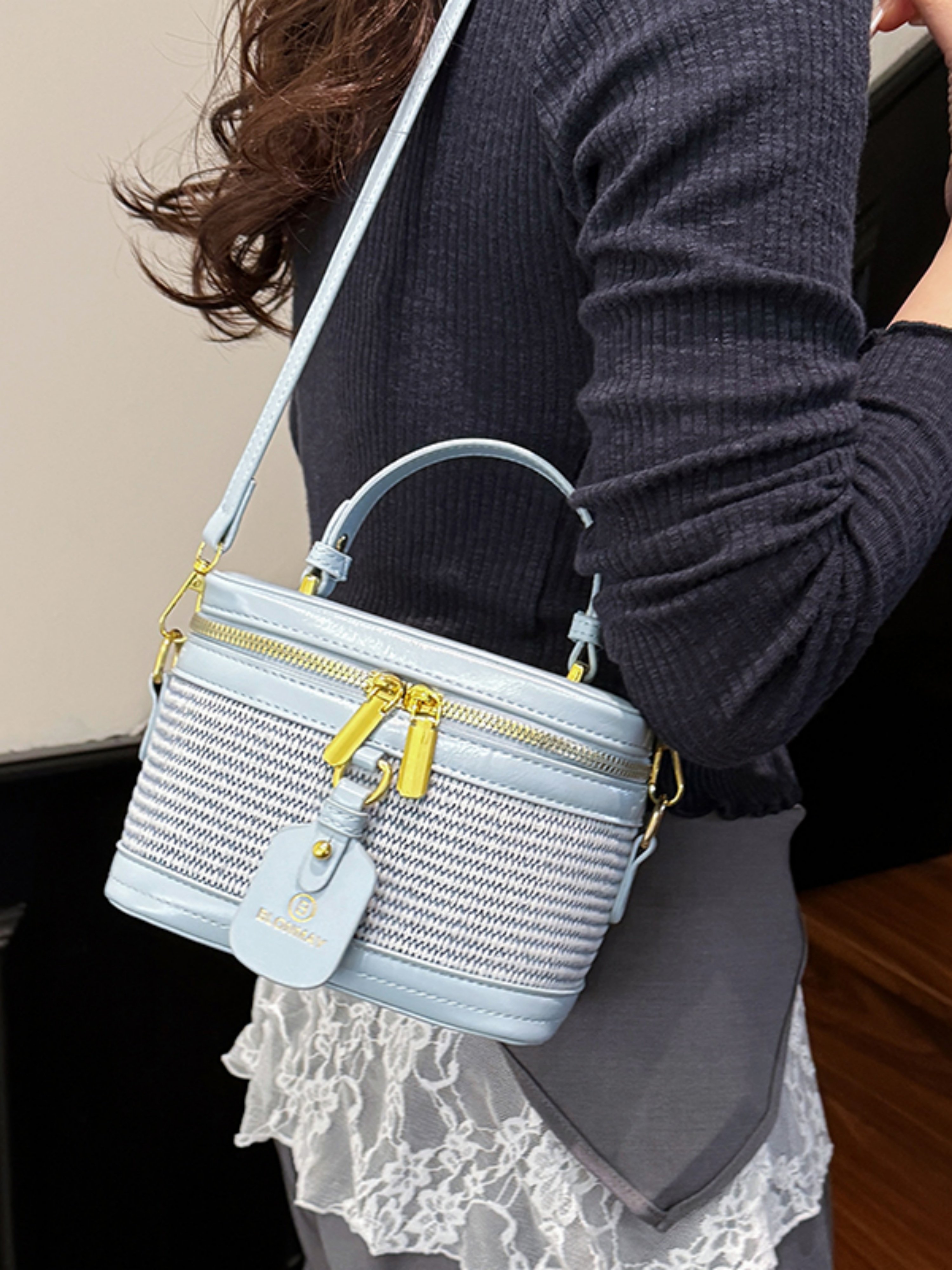 Blue Crossbody Bag with Woven Detail