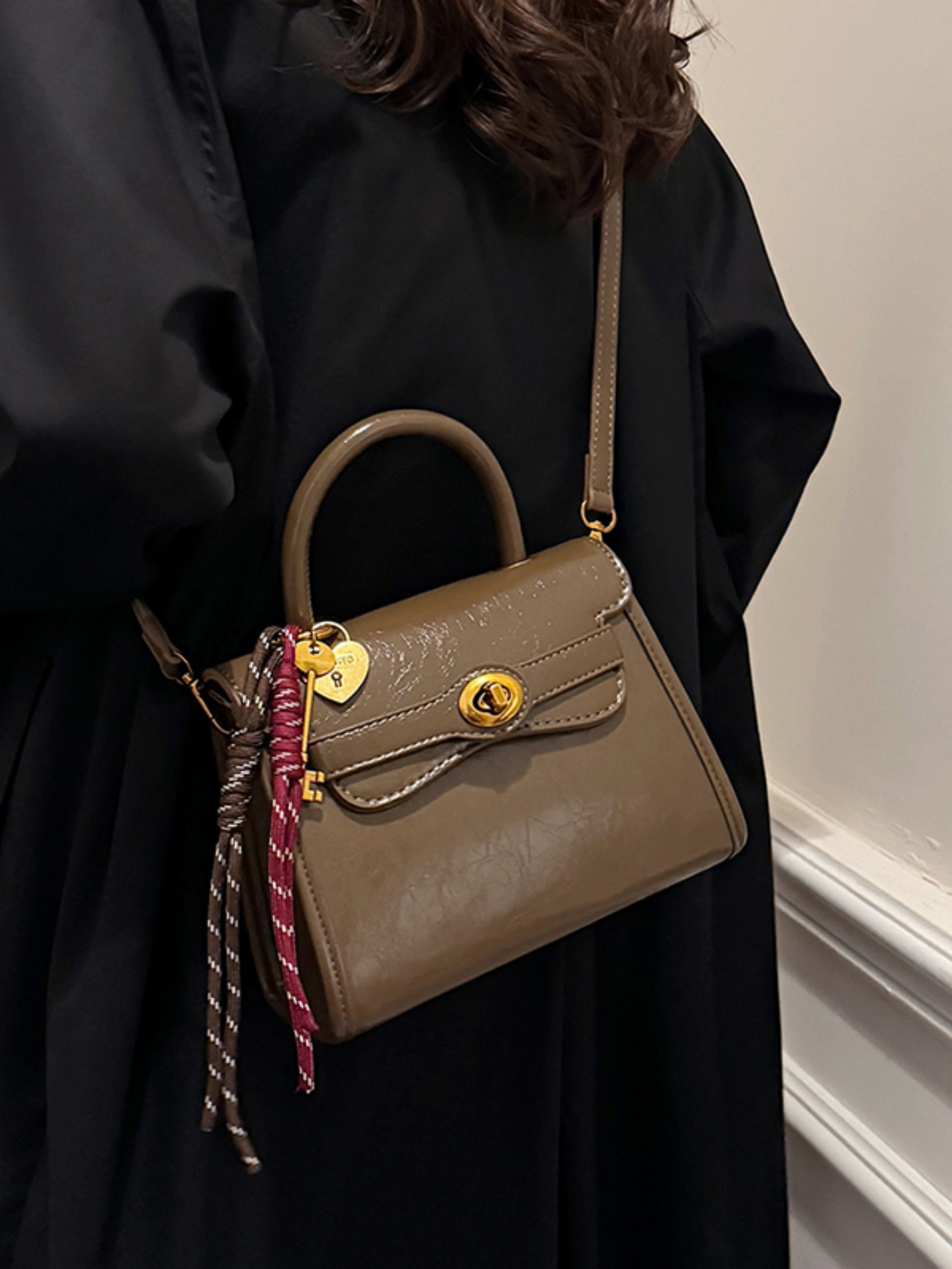 Coffee Brown Crossbody Bag with Charm Detail