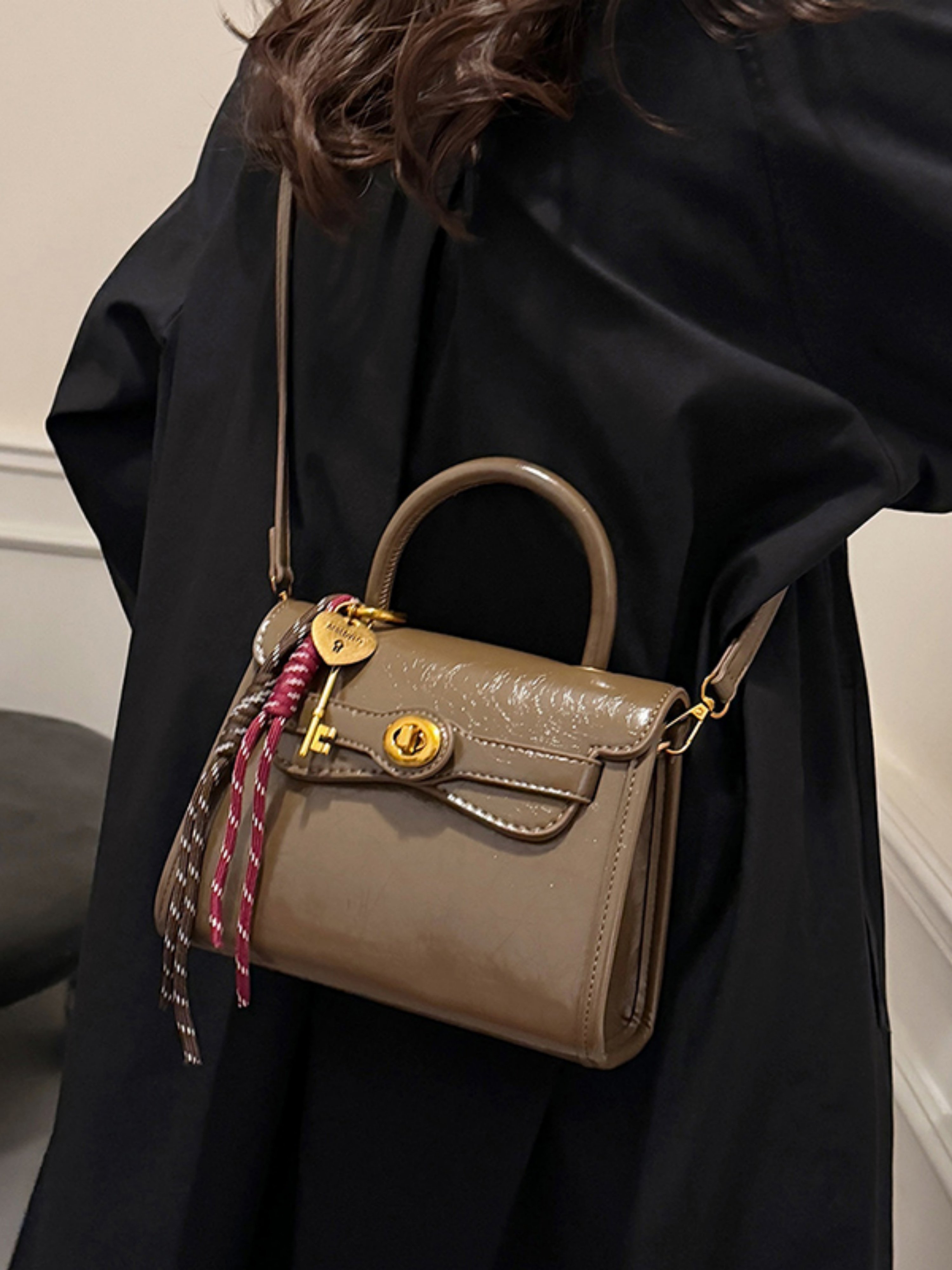 Coffee Brown Crossbody Bag with Charm Detail