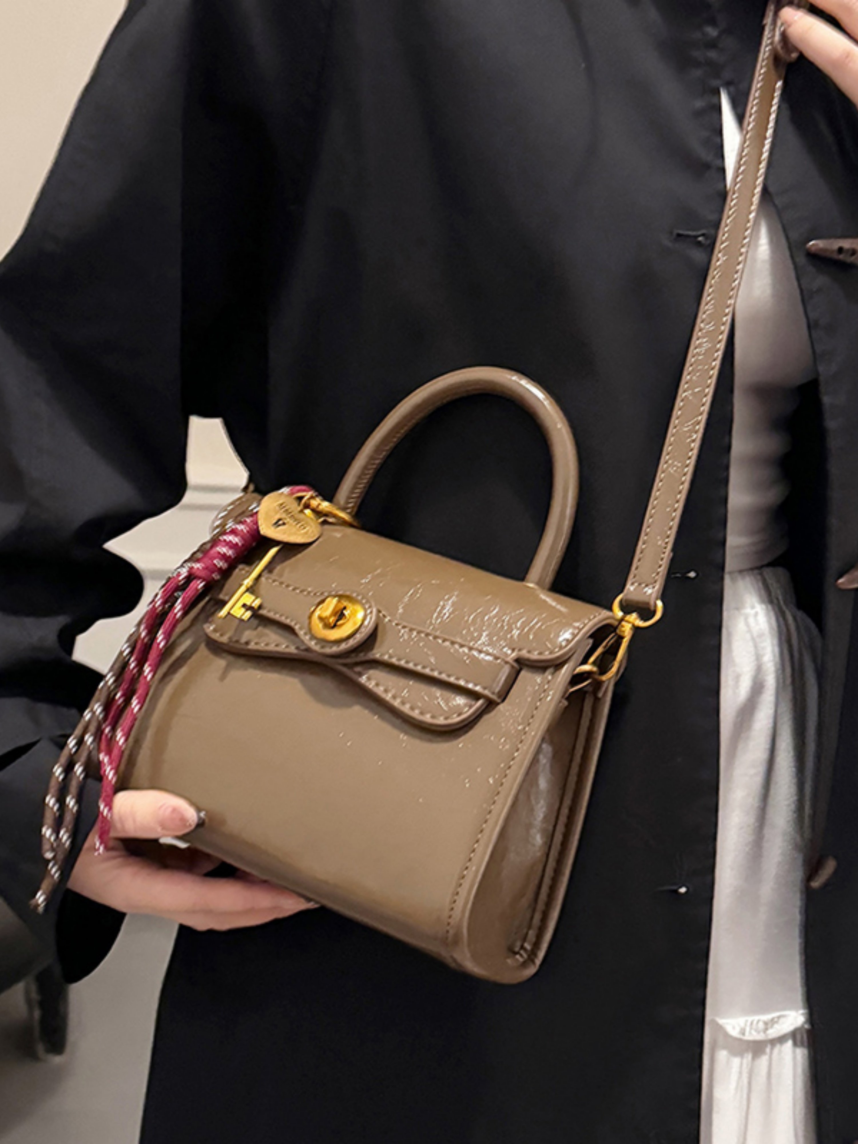 Coffee Brown Crossbody Bag with Charm Detail