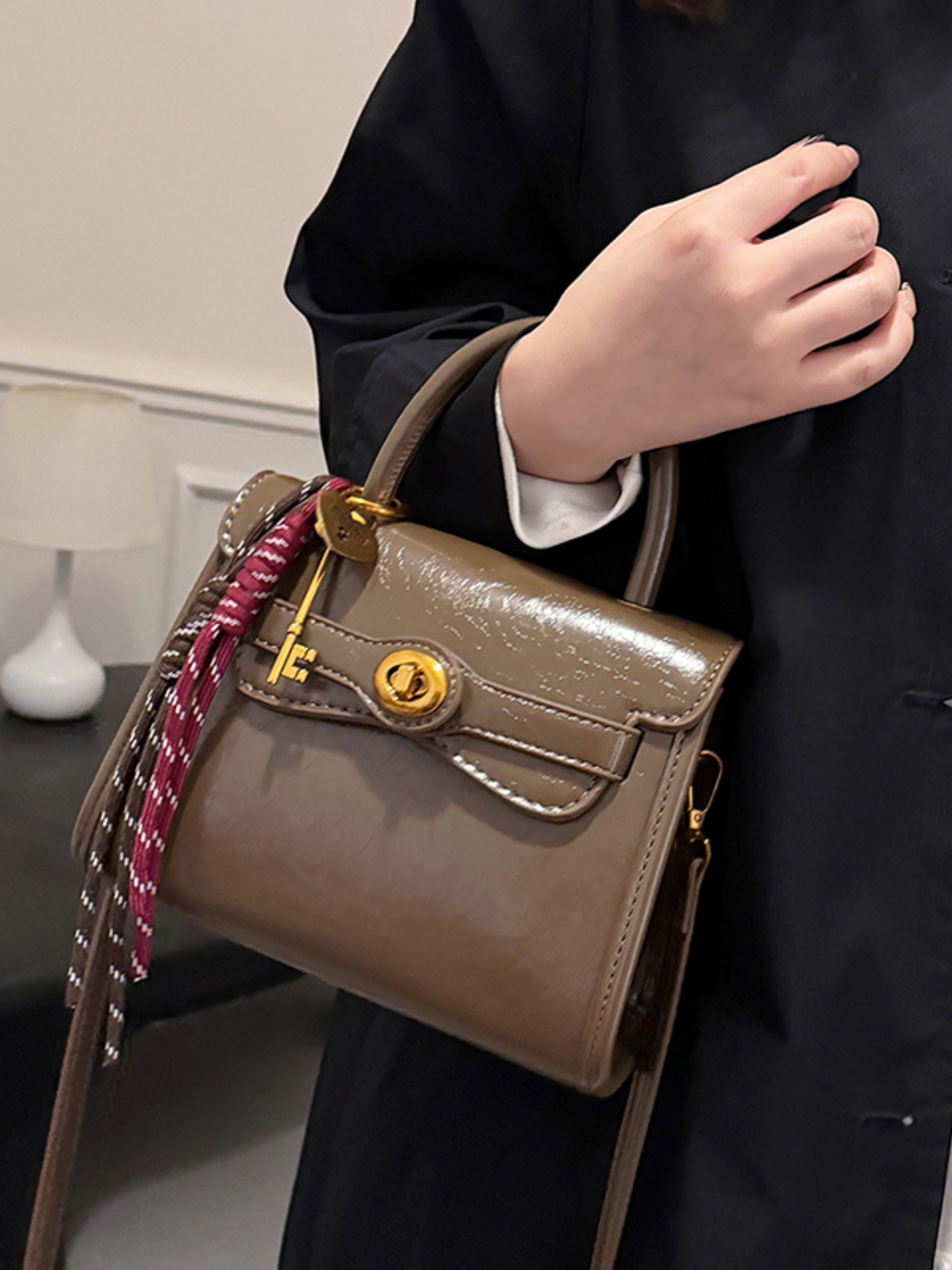 Coffee Brown Crossbody Bag with Charm Detail