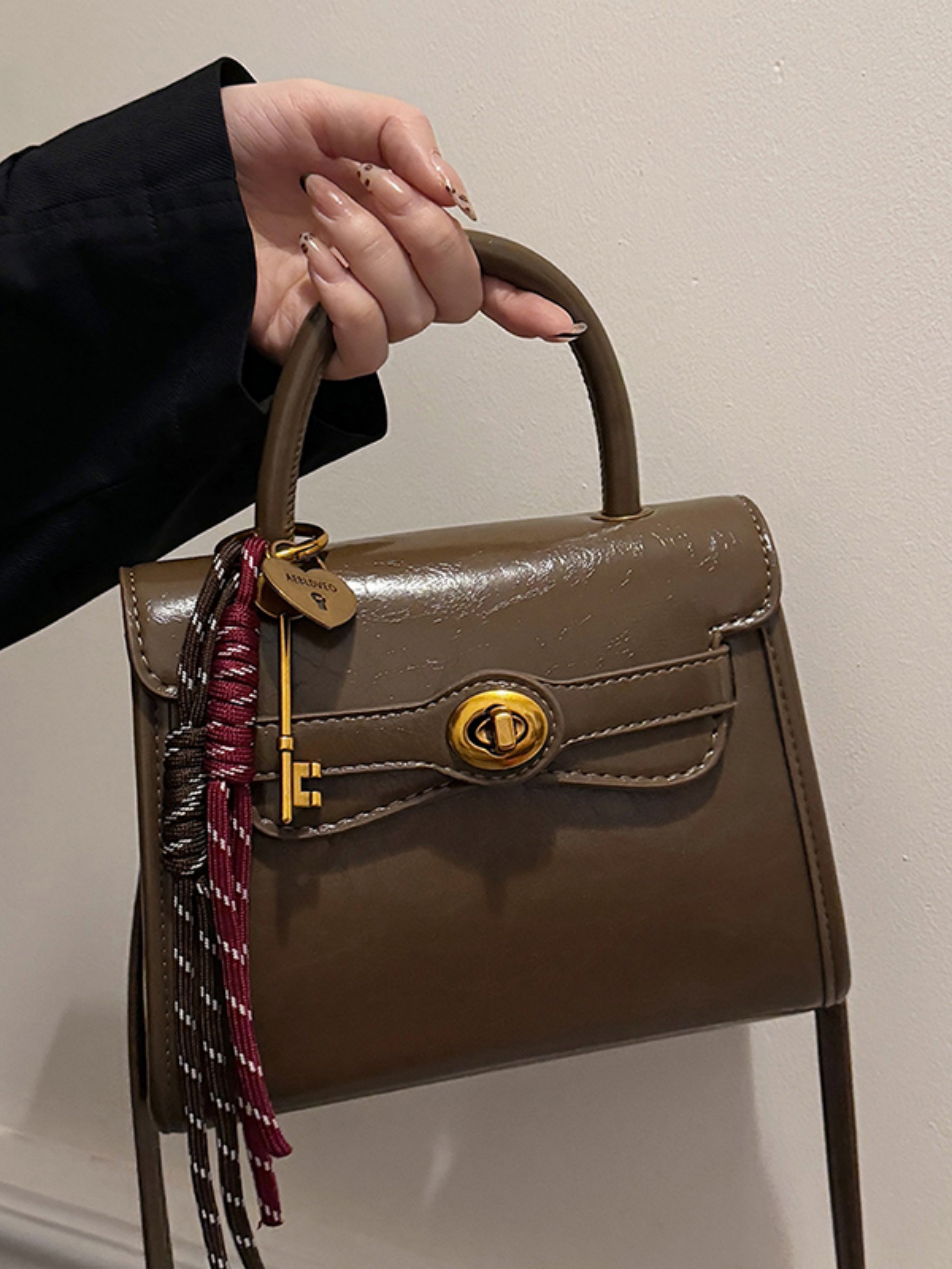 Coffee Brown Crossbody Bag with Charm Detail