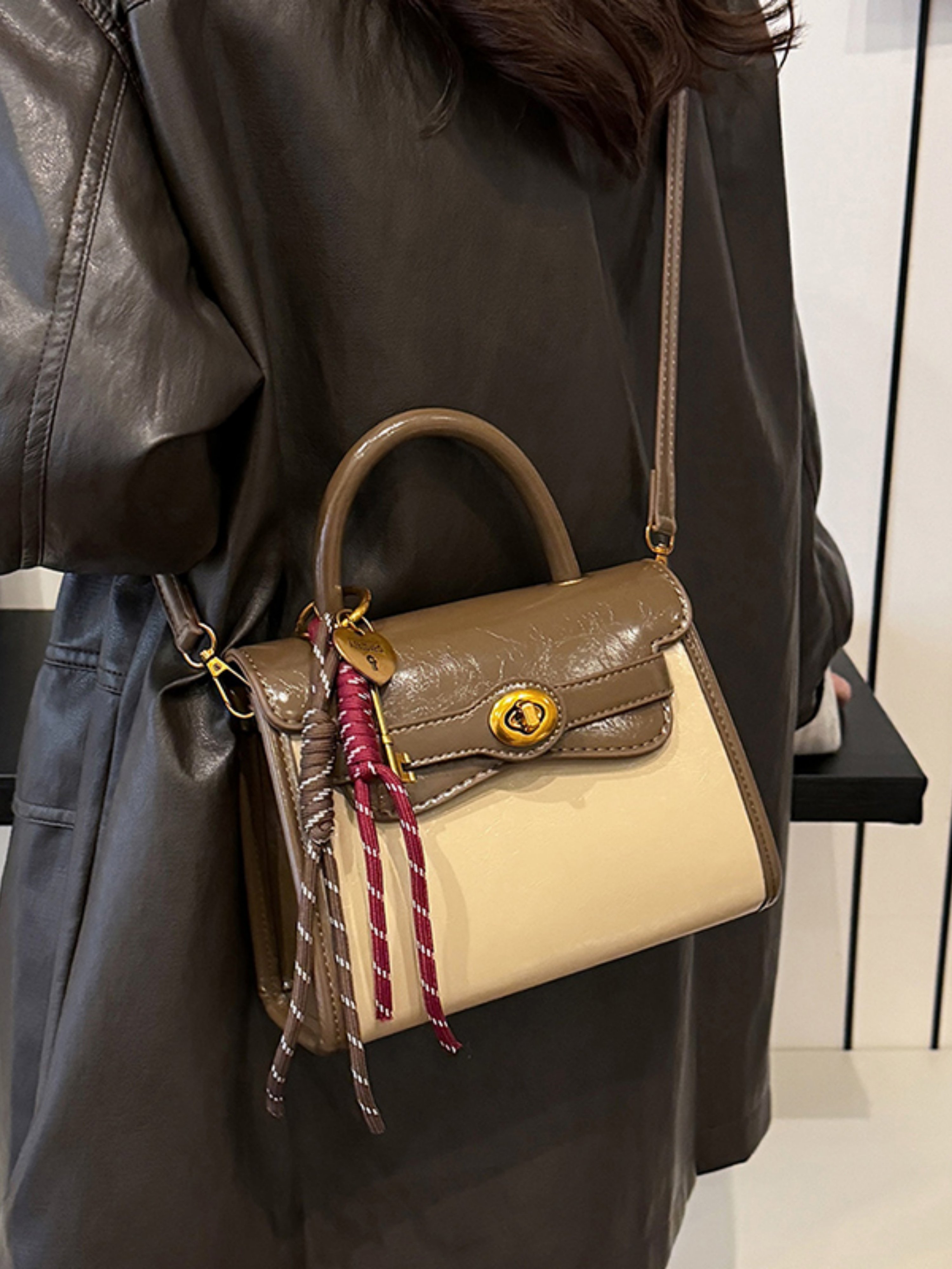 Color Block Flap Crossbody Bag with Charm