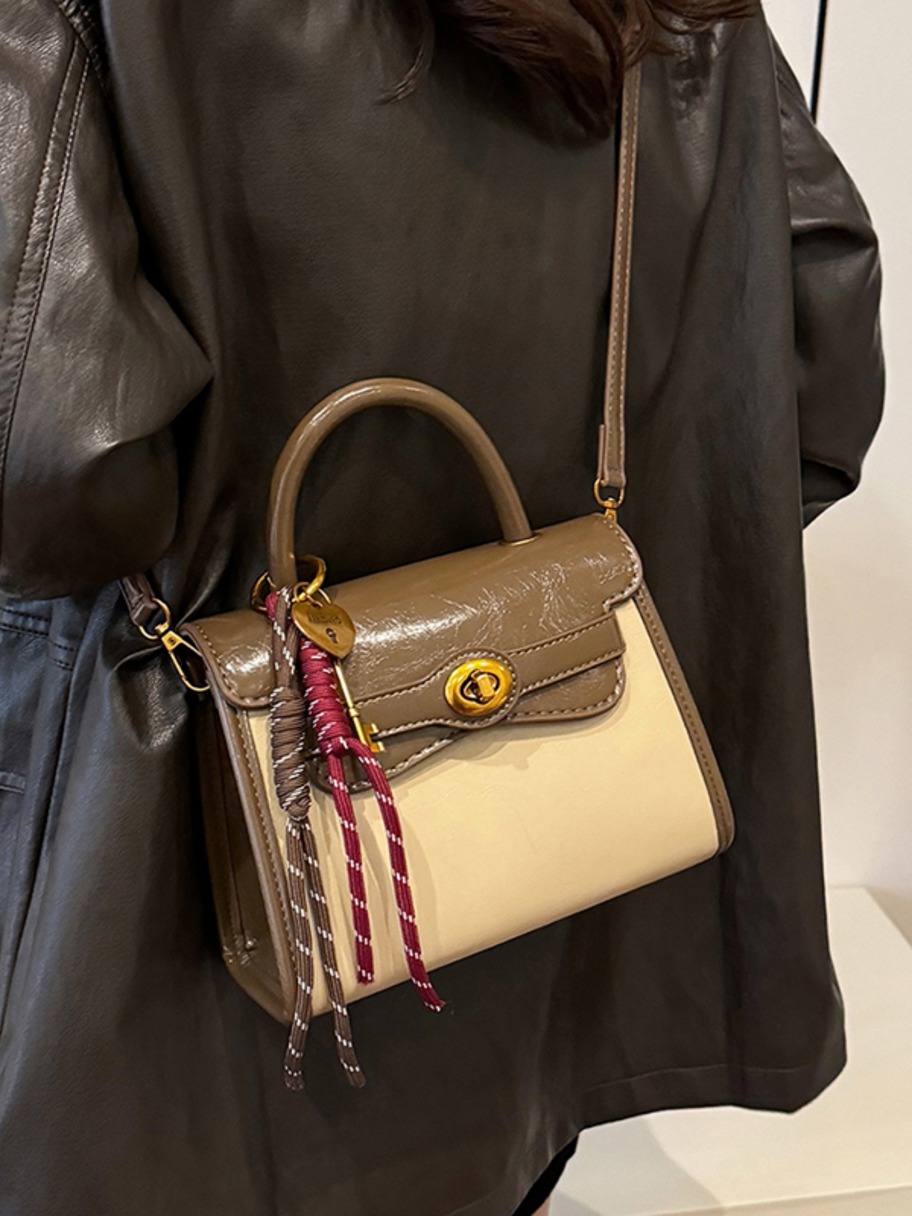 Color Block Flap Crossbody Bag with Charm