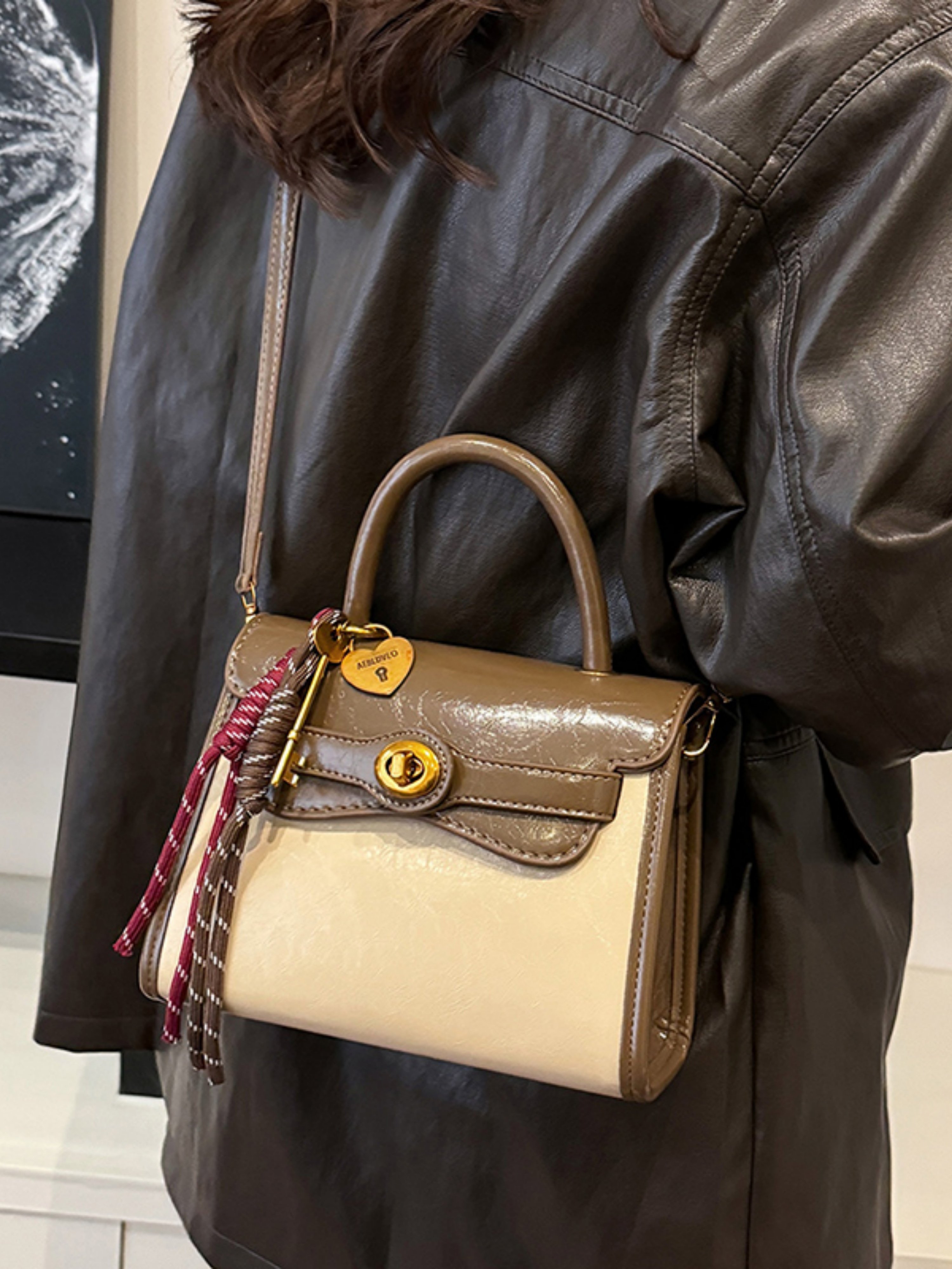 Color Block Flap Crossbody Bag with Charm