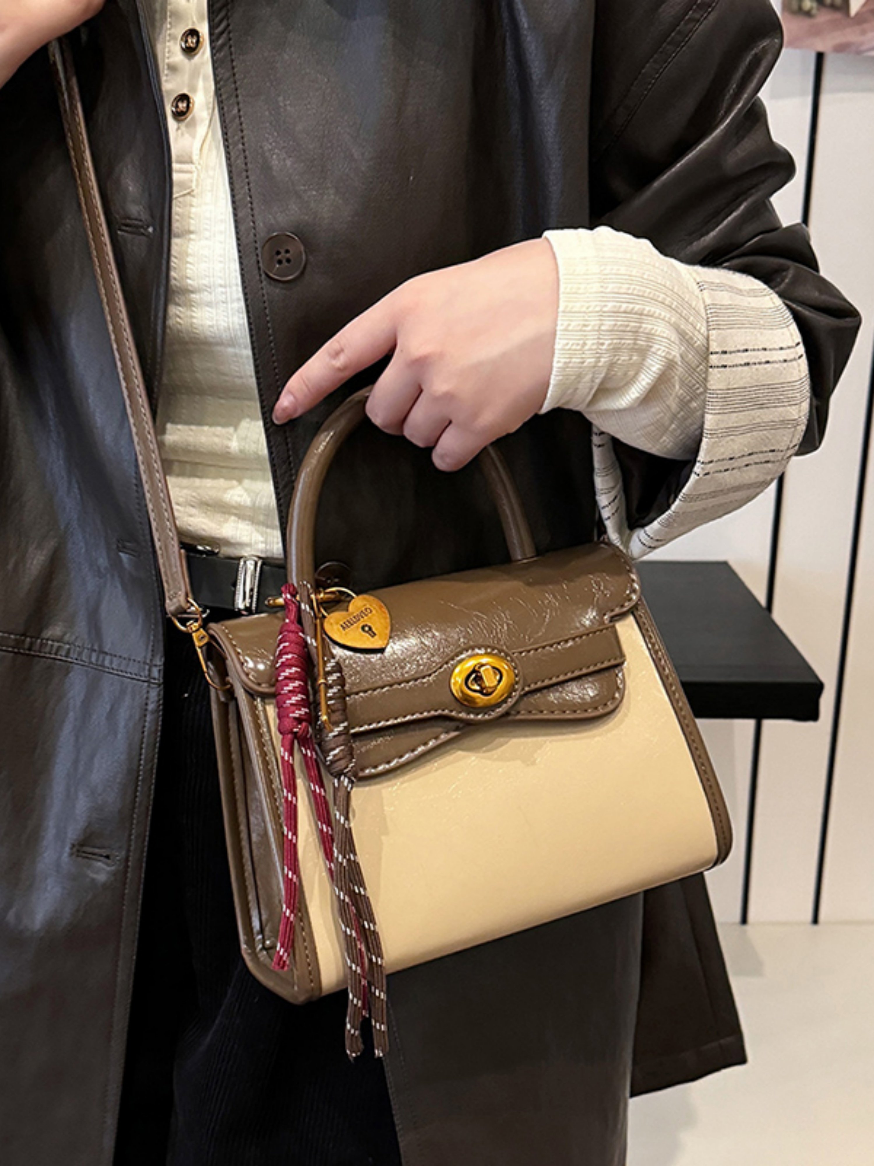 Color Block Flap Crossbody Bag with Charm