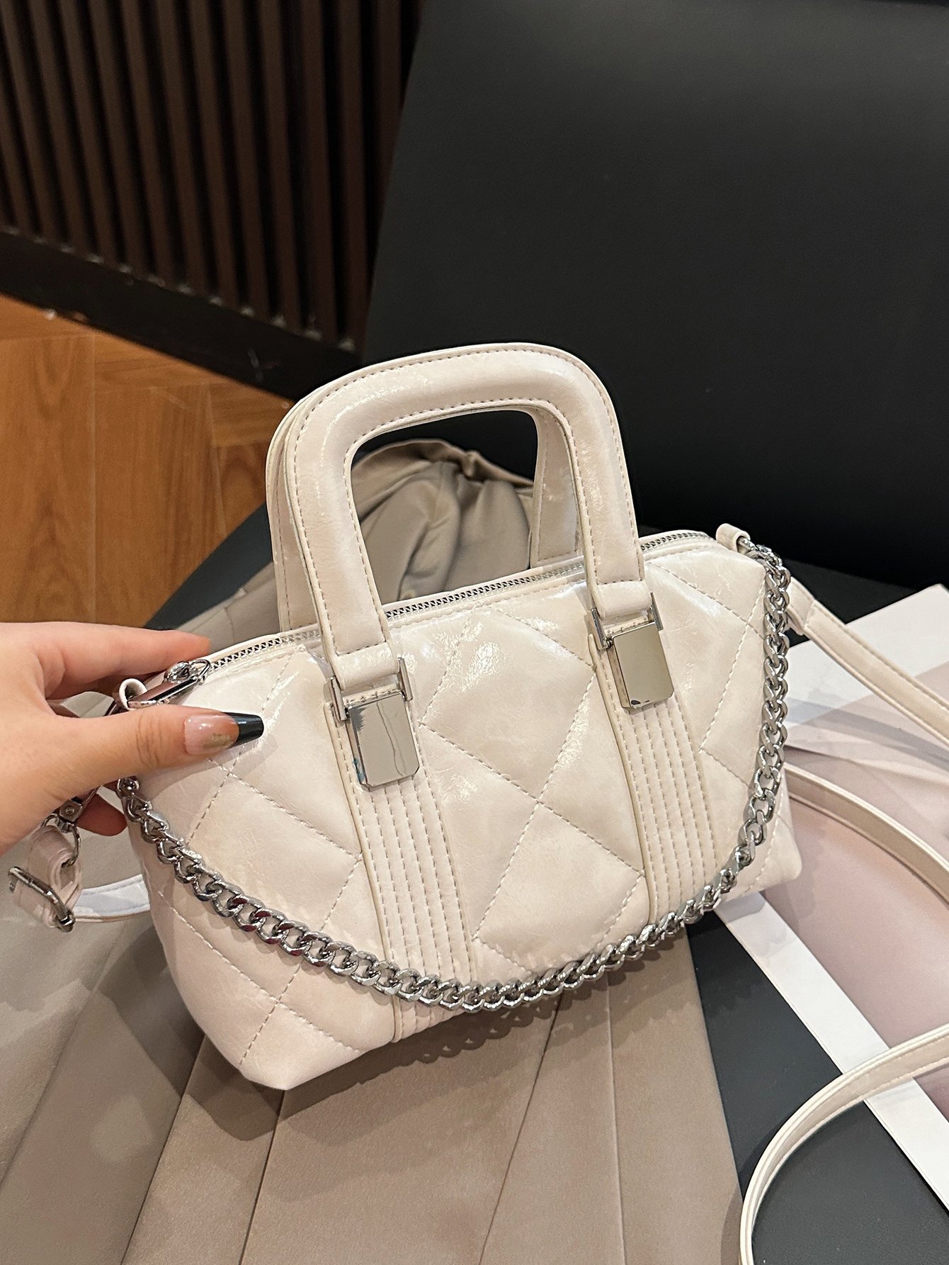 White Quilted Crossbody Bag with Chain Detail