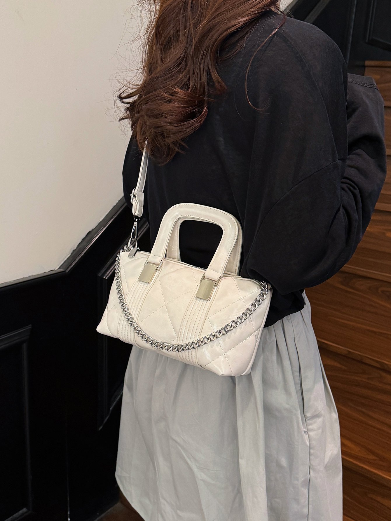 White Quilted Crossbody Bag with Chain Detail
