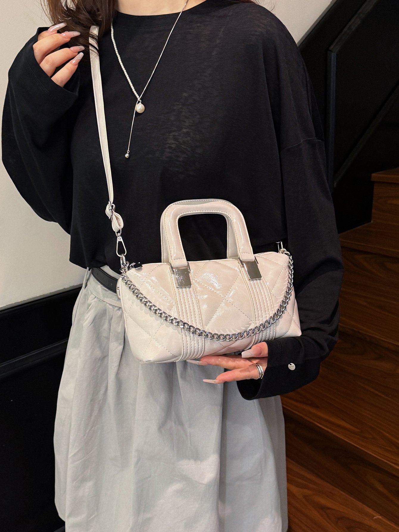 White Quilted Crossbody Bag with Chain Detail