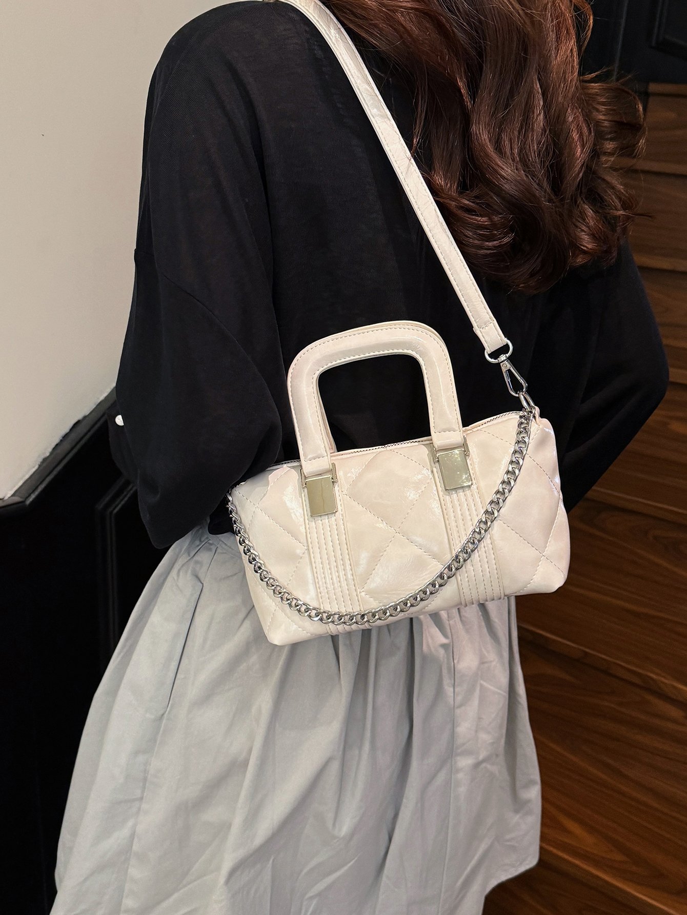 White Quilted Crossbody Bag with Chain Detail