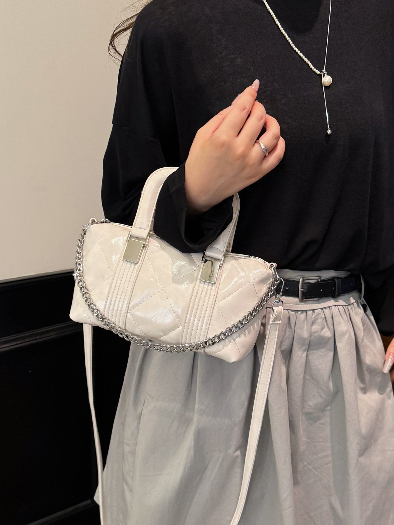 White Quilted Crossbody Bag with Chain Detail