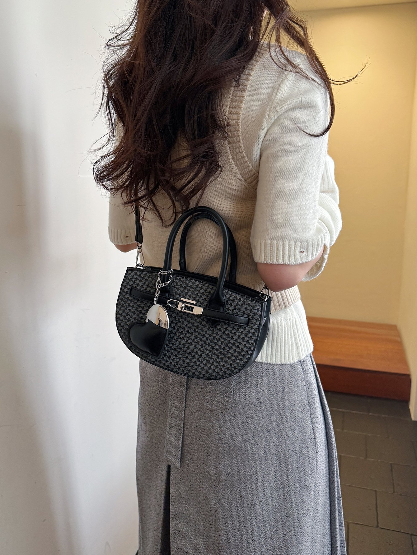 Textured Crossbody Bag with Heart Charm