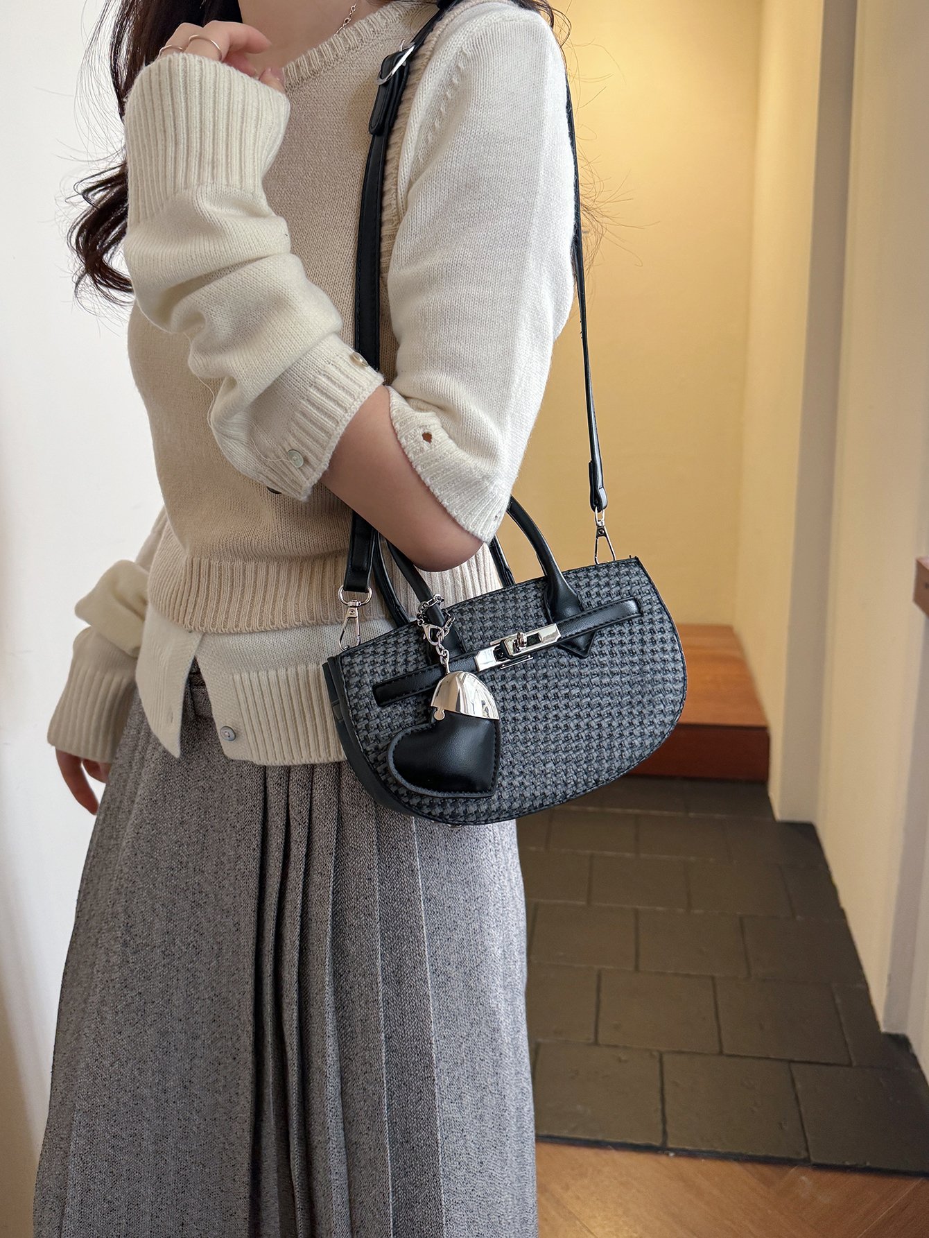 Textured Crossbody Bag with Heart Charm