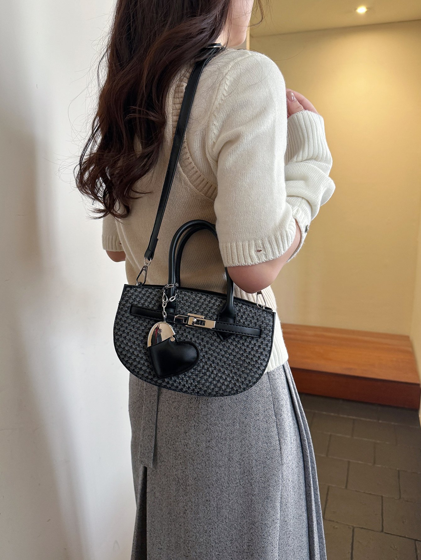 Textured Crossbody Bag with Heart Charm