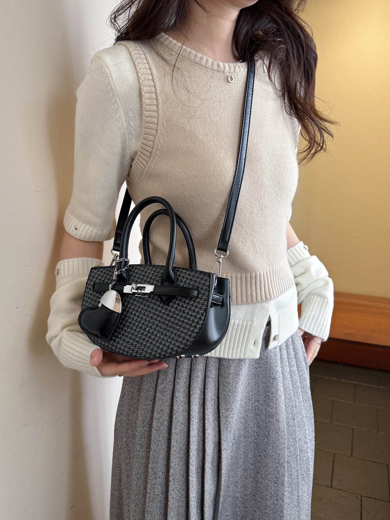 Textured Crossbody Bag with Heart Charm