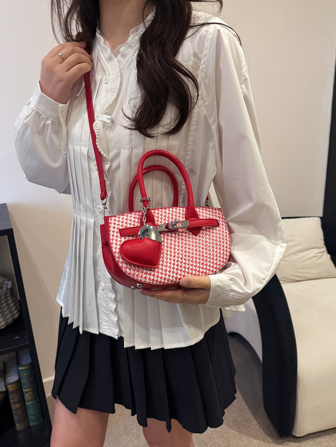 Textured Crossbody Bag with Heart Charm