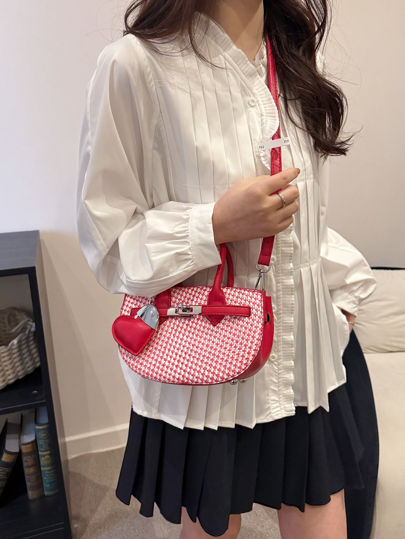 Textured Crossbody Bag with Heart Charm