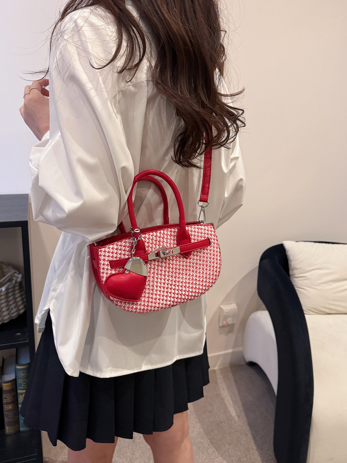Textured Crossbody Bag with Heart Charm