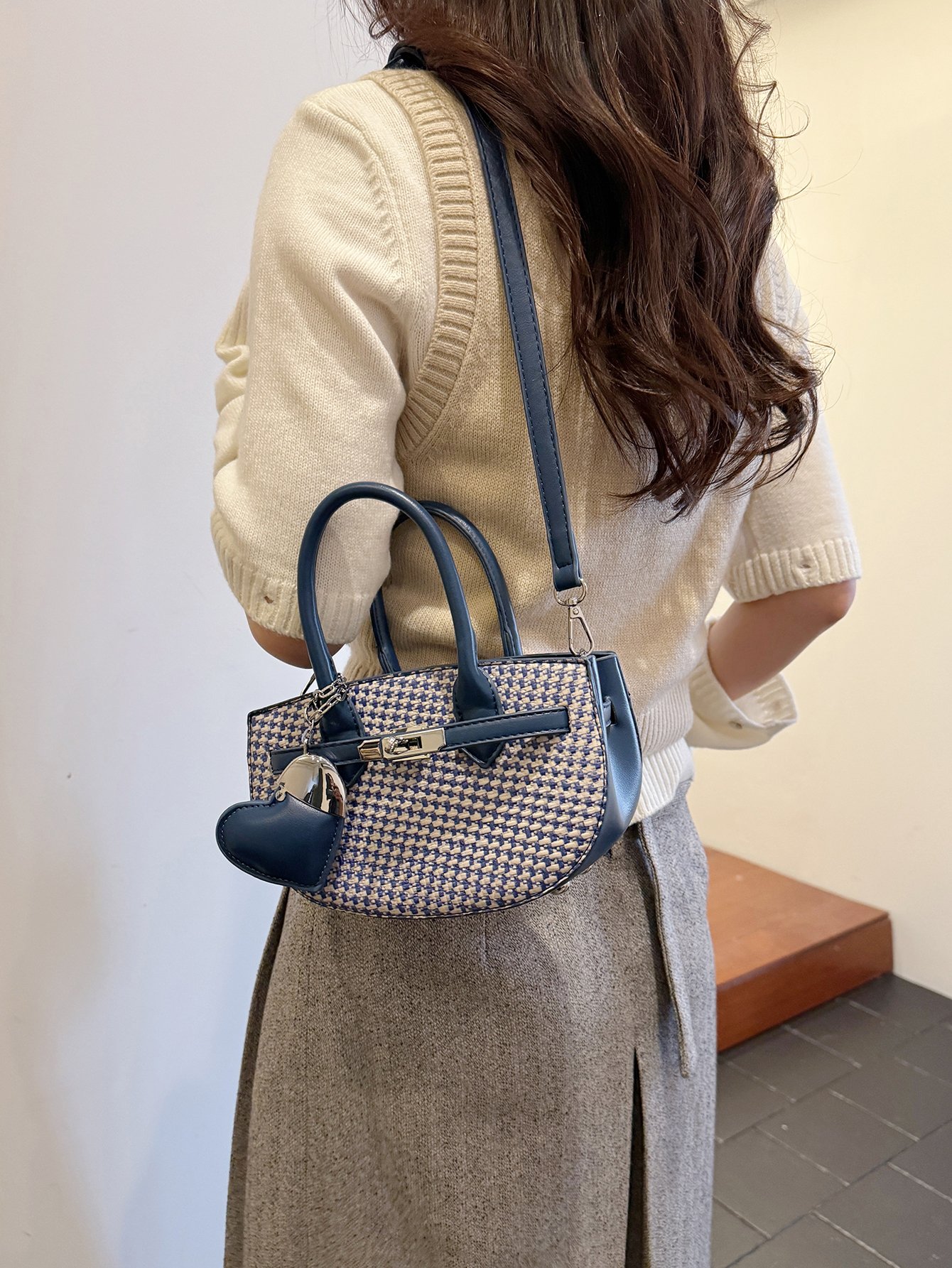 Textured Crossbody Bag with Heart Charm