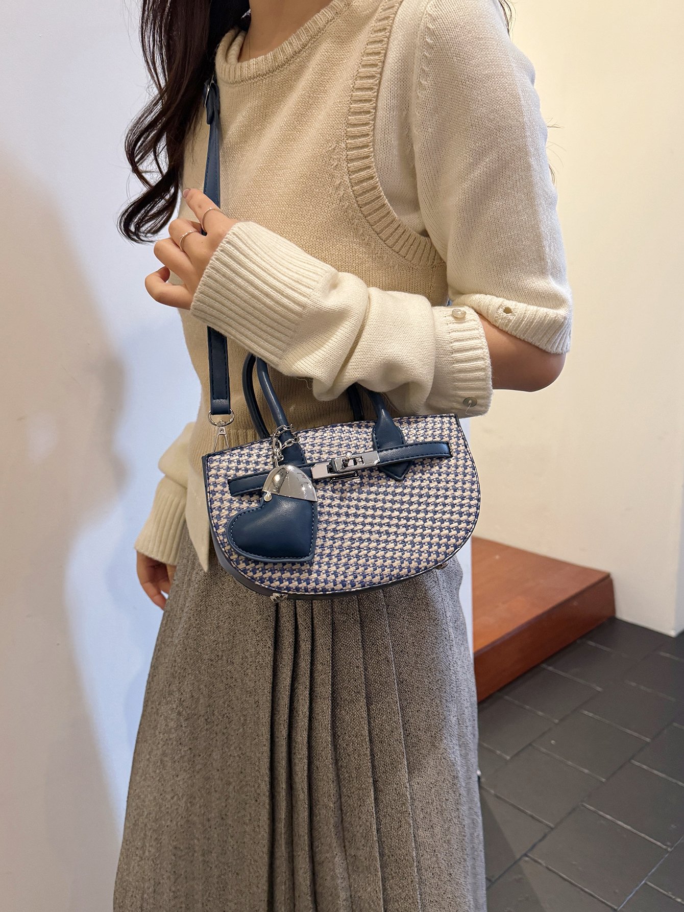 Textured Crossbody Bag with Heart Charm