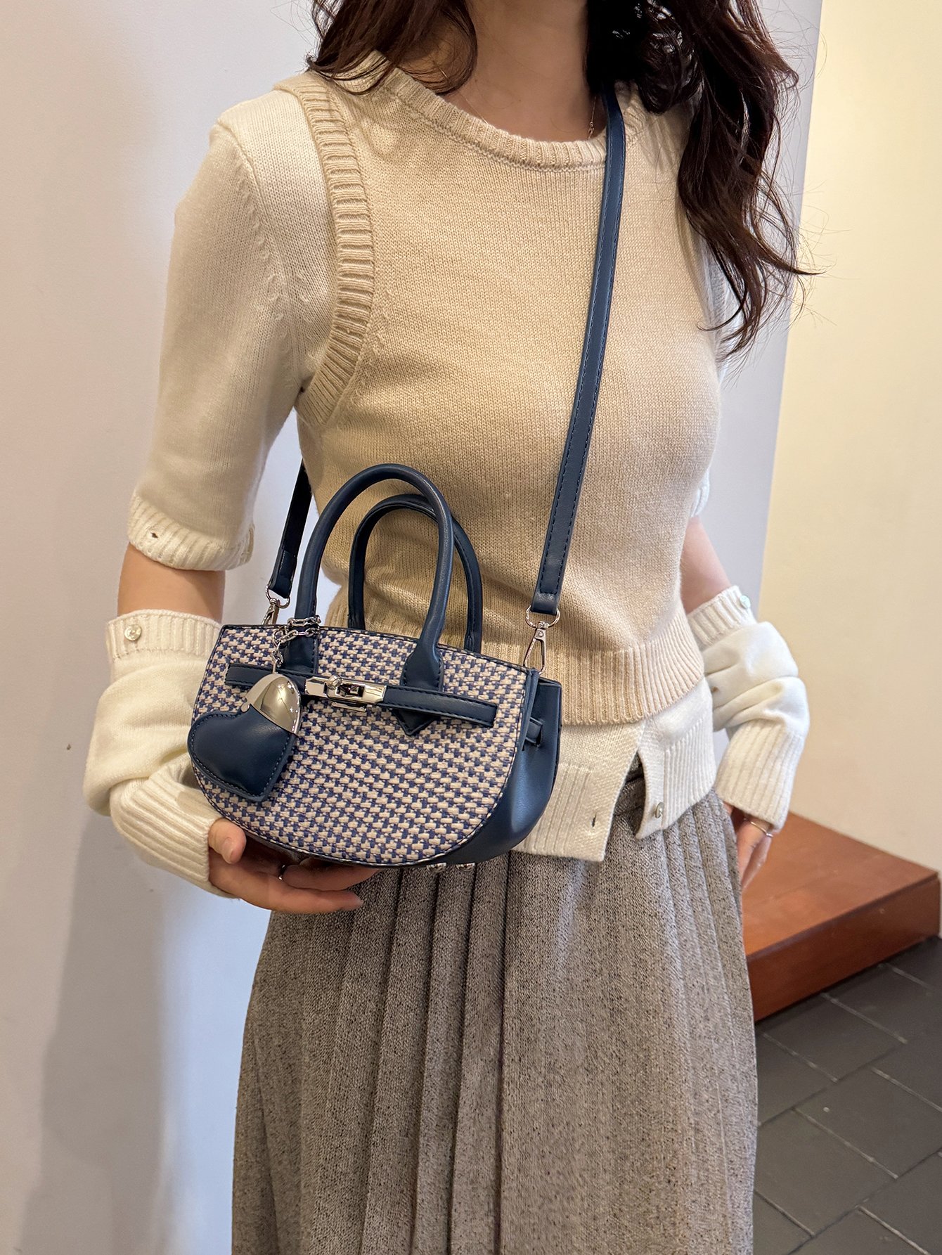 Textured Crossbody Bag with Heart Charm