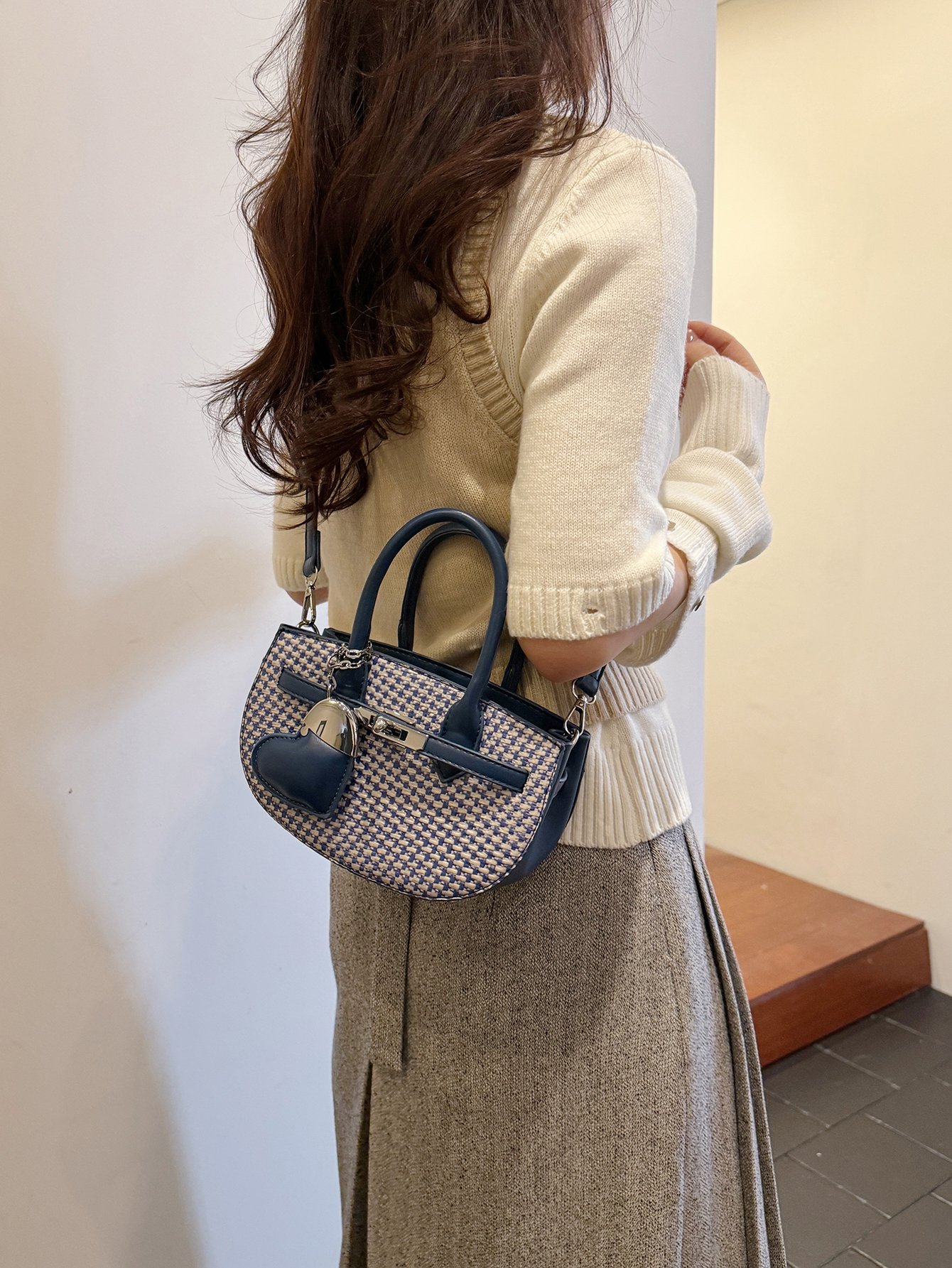 Textured Crossbody Bag with Heart Charm