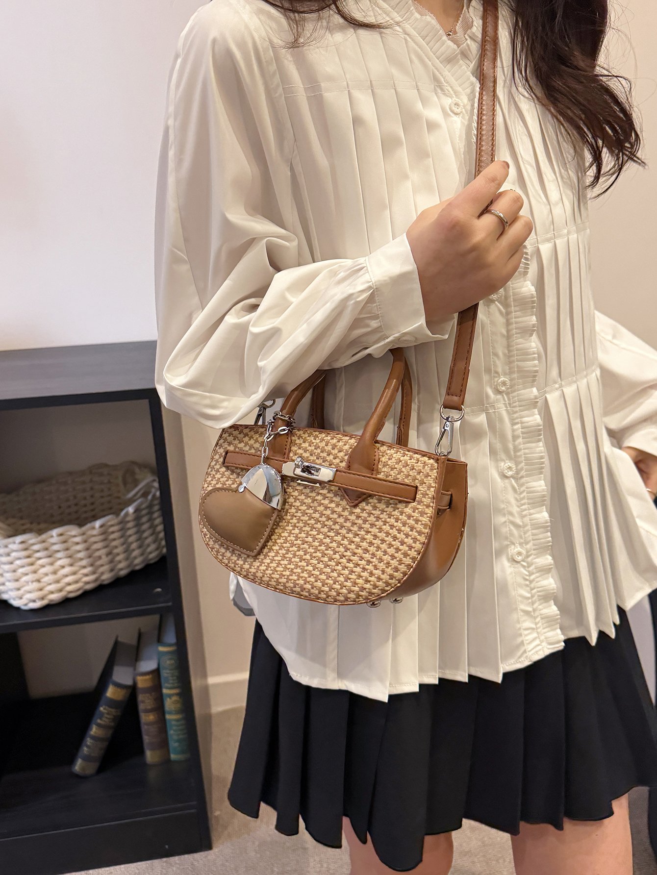 Textured Crossbody Bag with Heart Charm