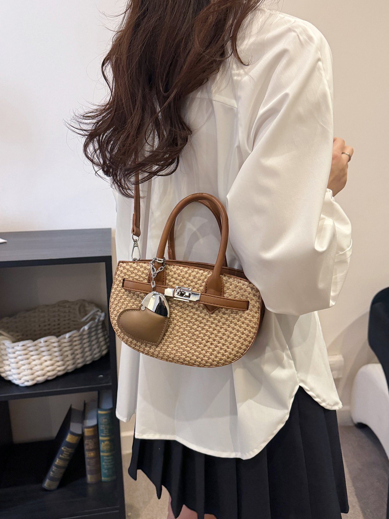 Textured Crossbody Bag with Heart Charm