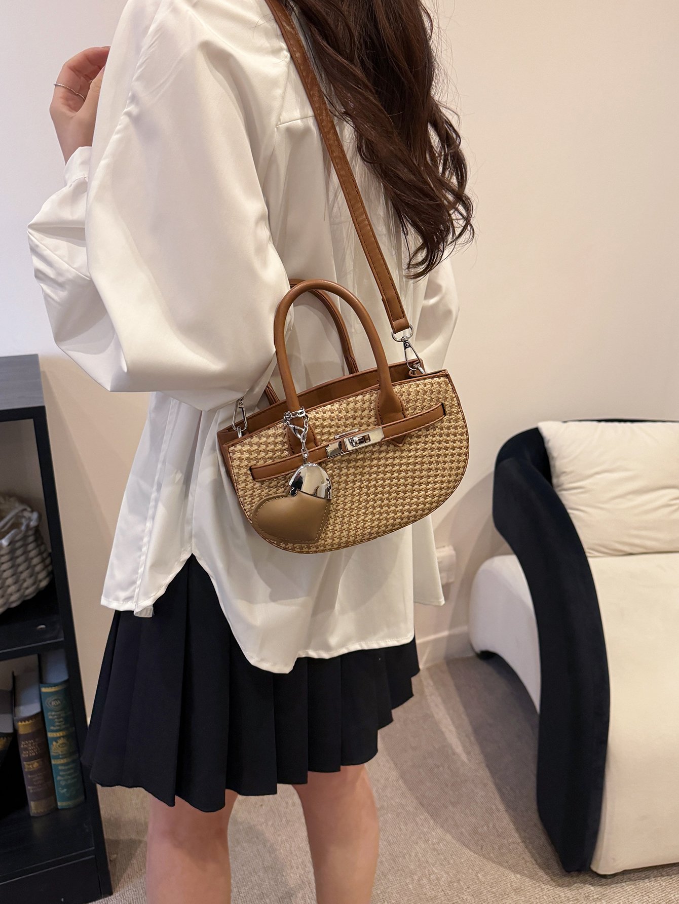 Textured Crossbody Bag with Heart Charm