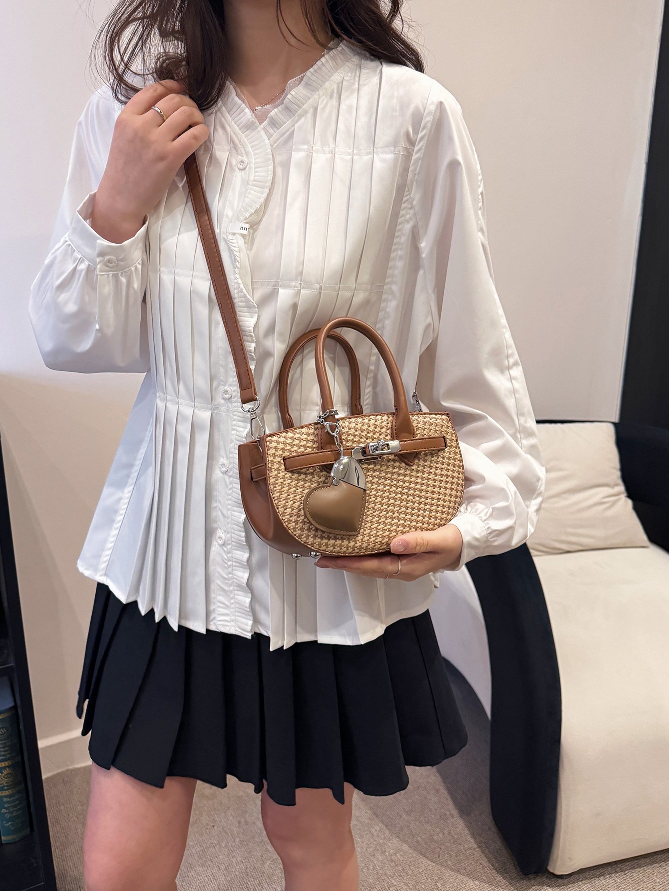 Textured Crossbody Bag with Heart Charm