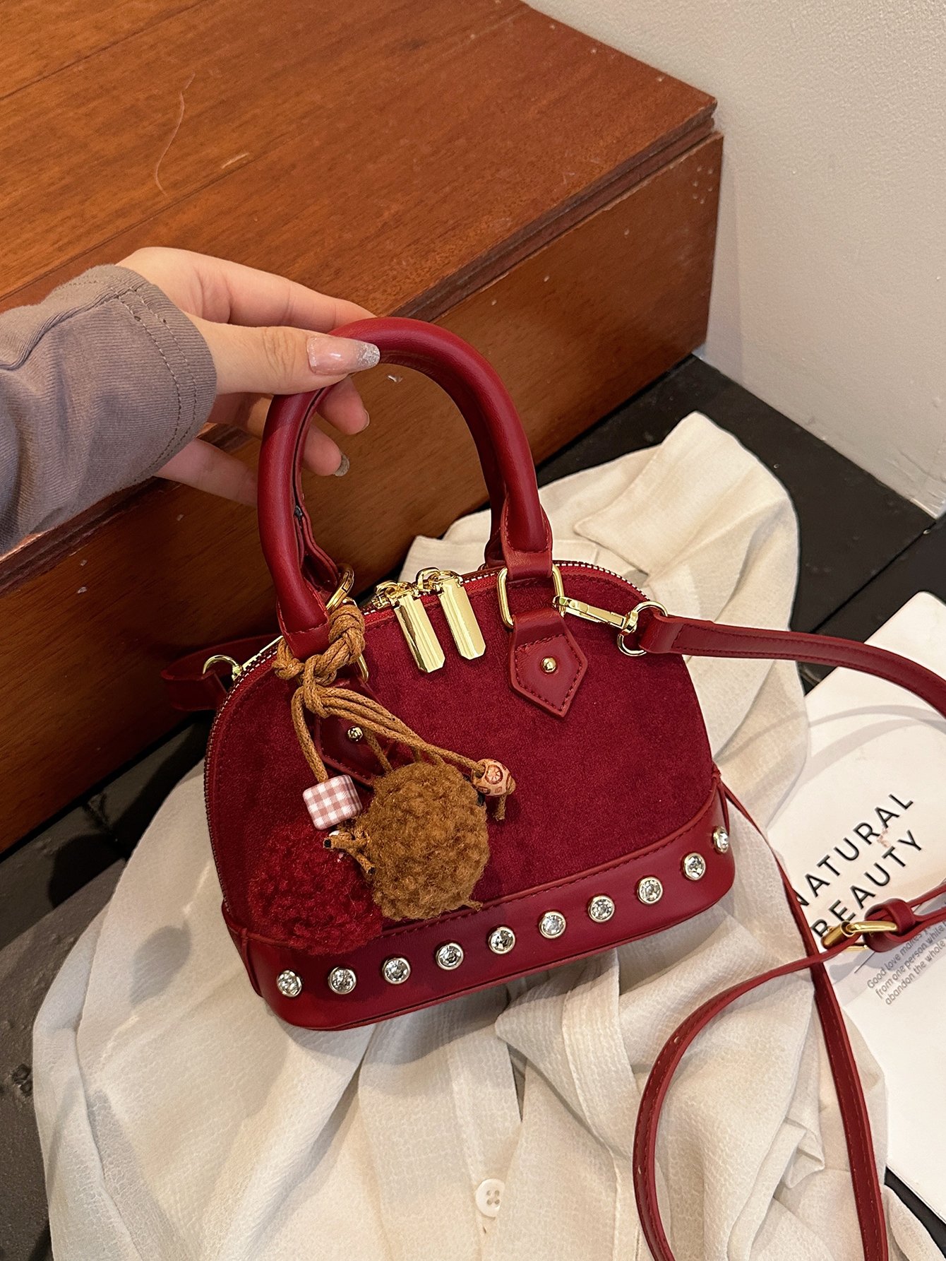 Red Suede Look Crossbody Bag with Stud Embellishments