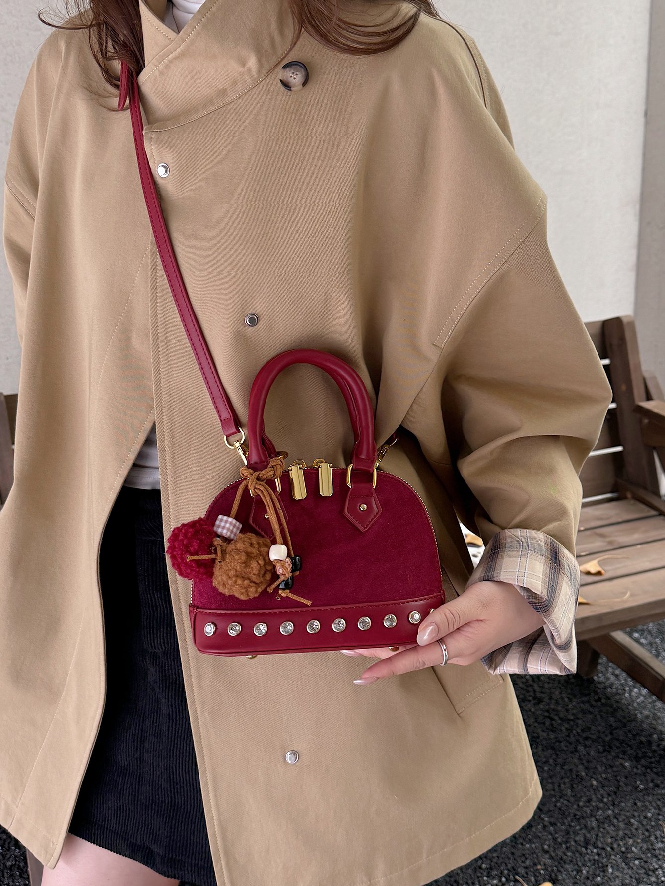 Red Suede Look Crossbody Bag with Stud Embellishments