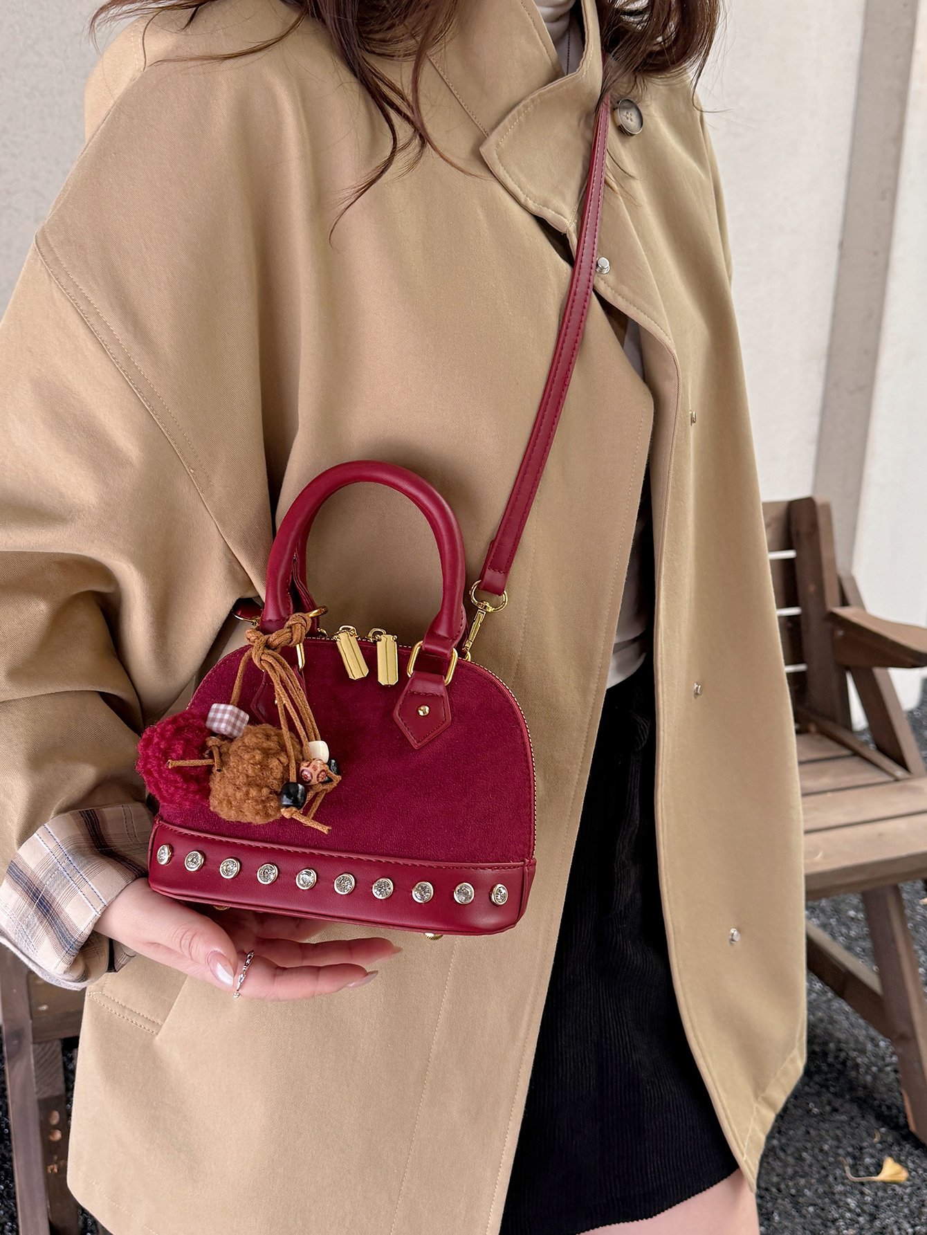 Red Suede Look Crossbody Bag with Stud Embellishments