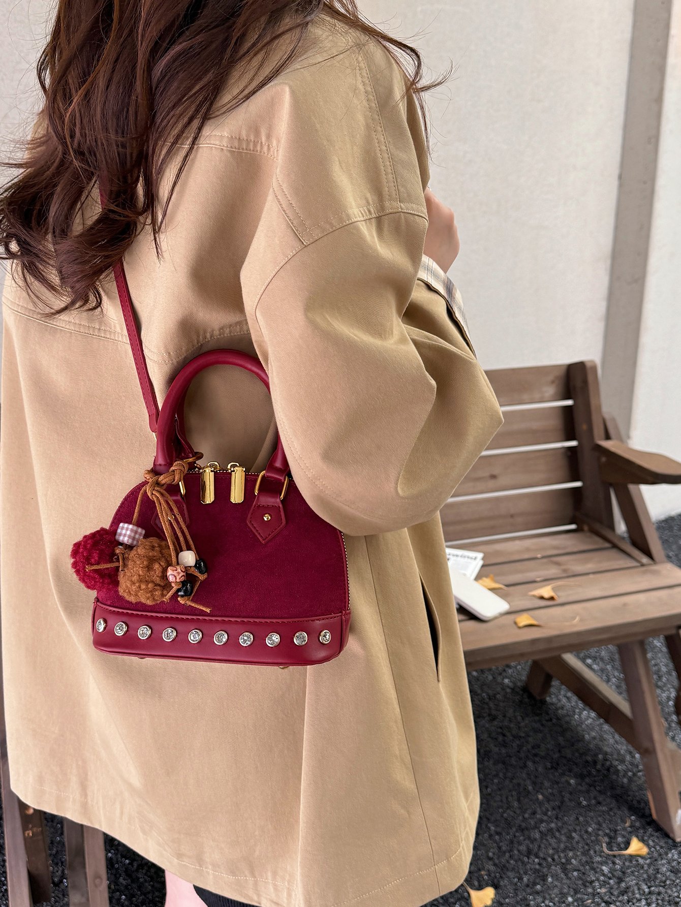 Red Suede Look Crossbody Bag with Stud Embellishments