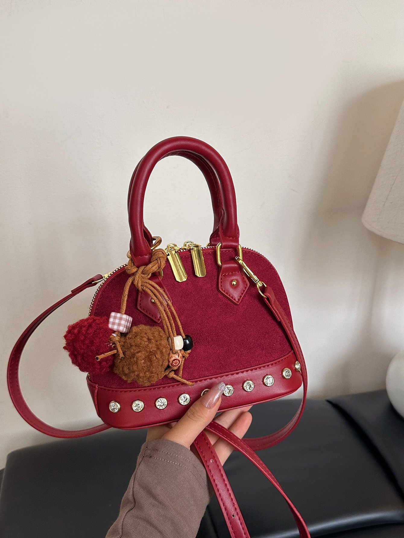 Red Suede Look Crossbody Bag with Stud Embellishments