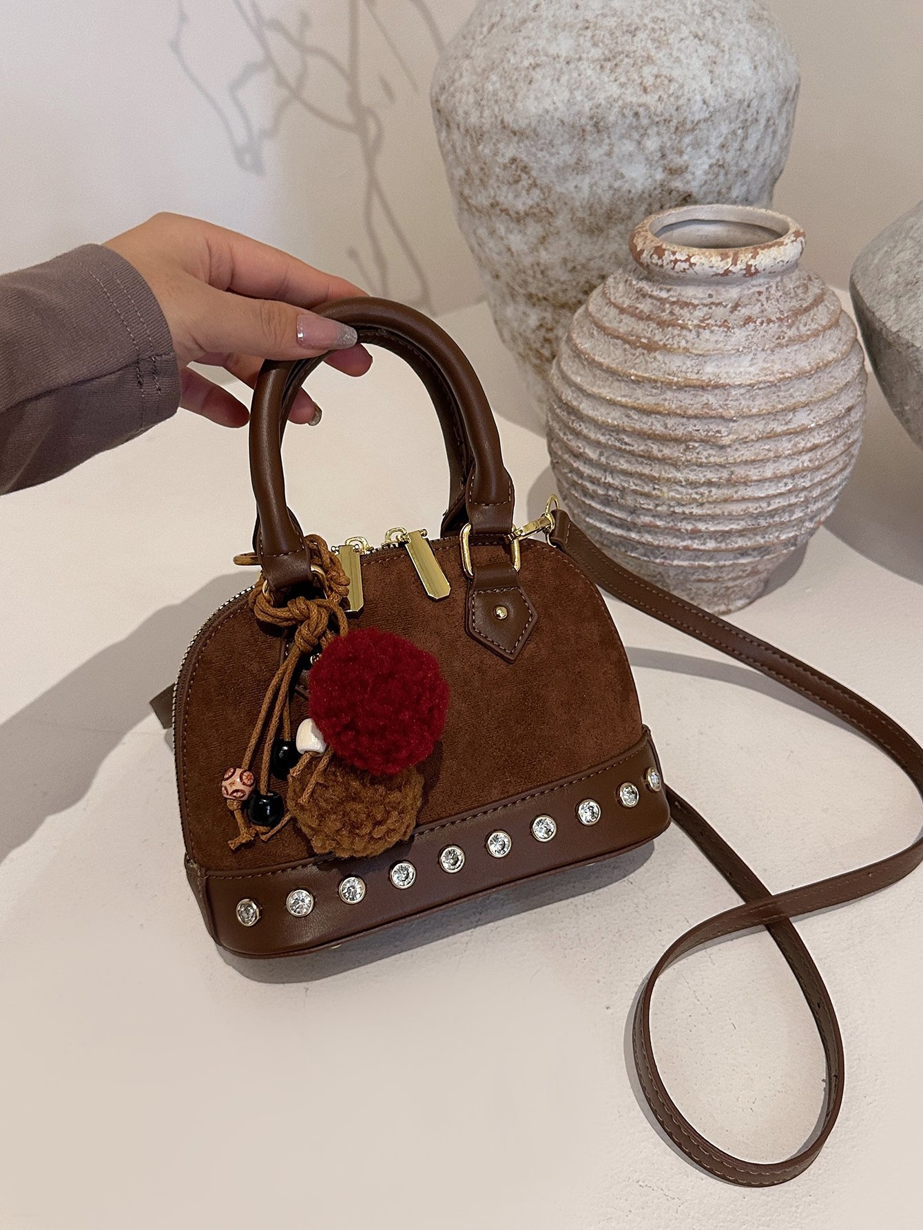 Coffee Brown Suede Look Crossbody Bag with Rhinestone Trim