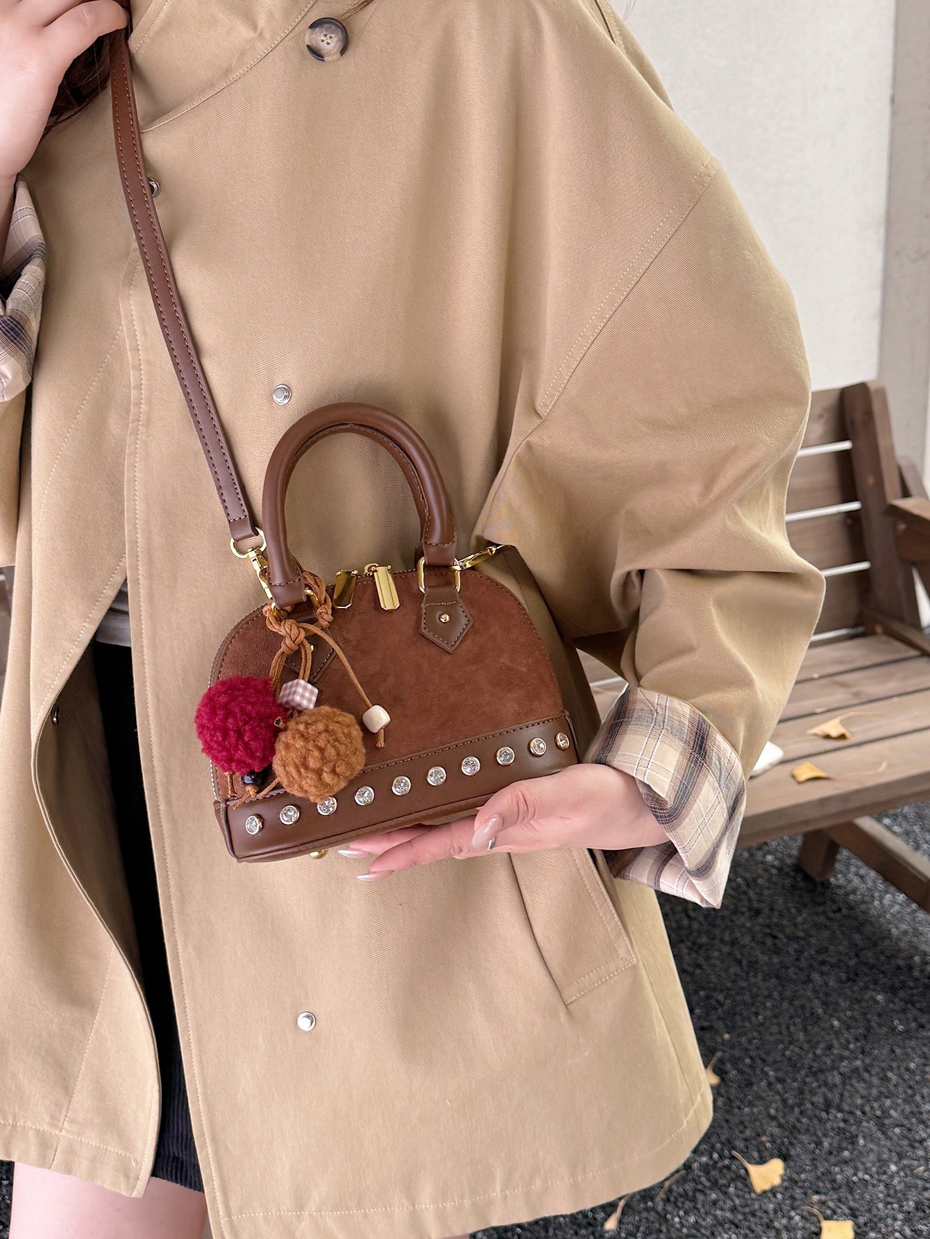 Coffee Brown Suede Look Crossbody Bag with Rhinestone Trim