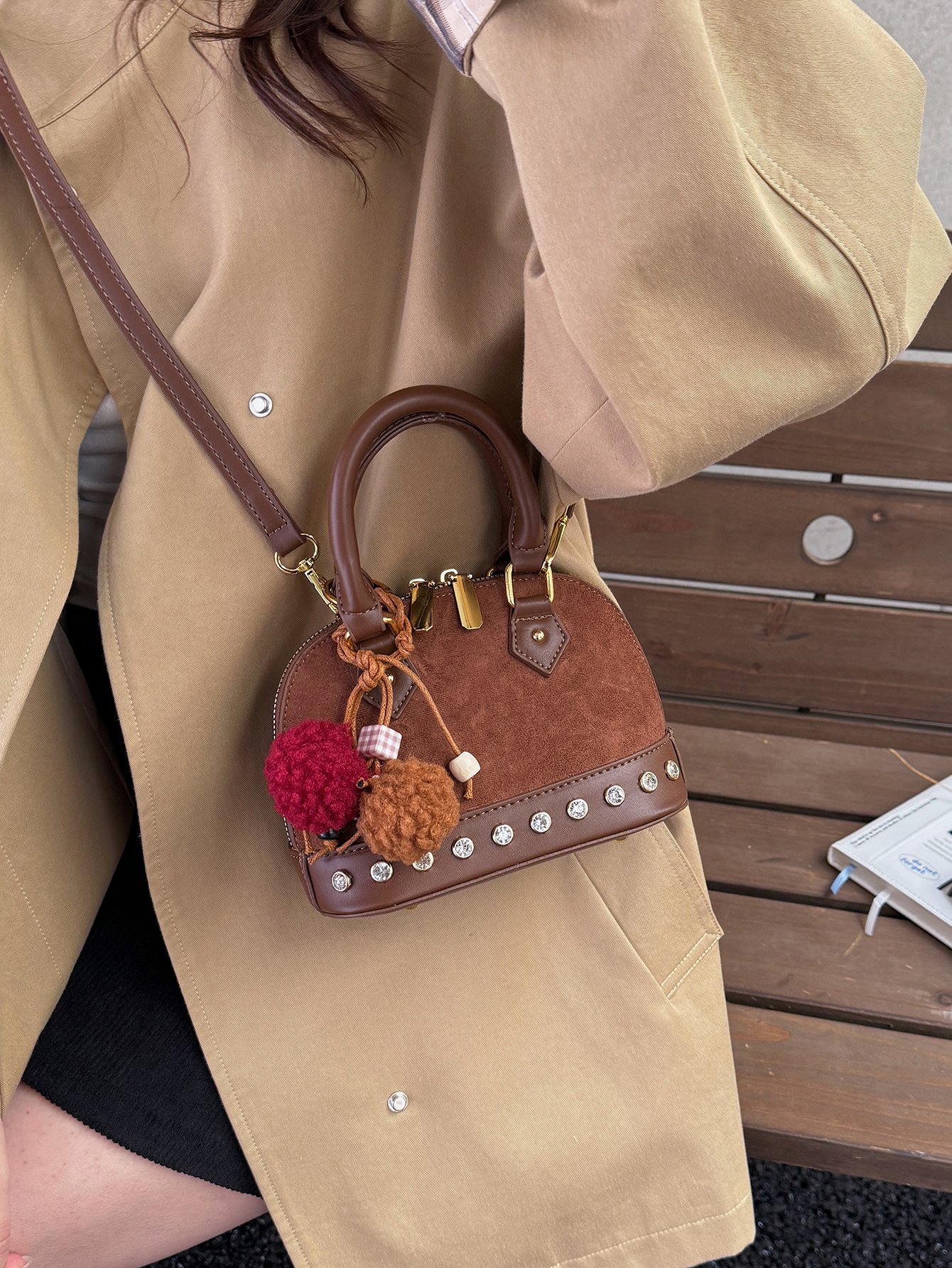 Coffee Brown Suede Look Crossbody Bag with Rhinestone Trim