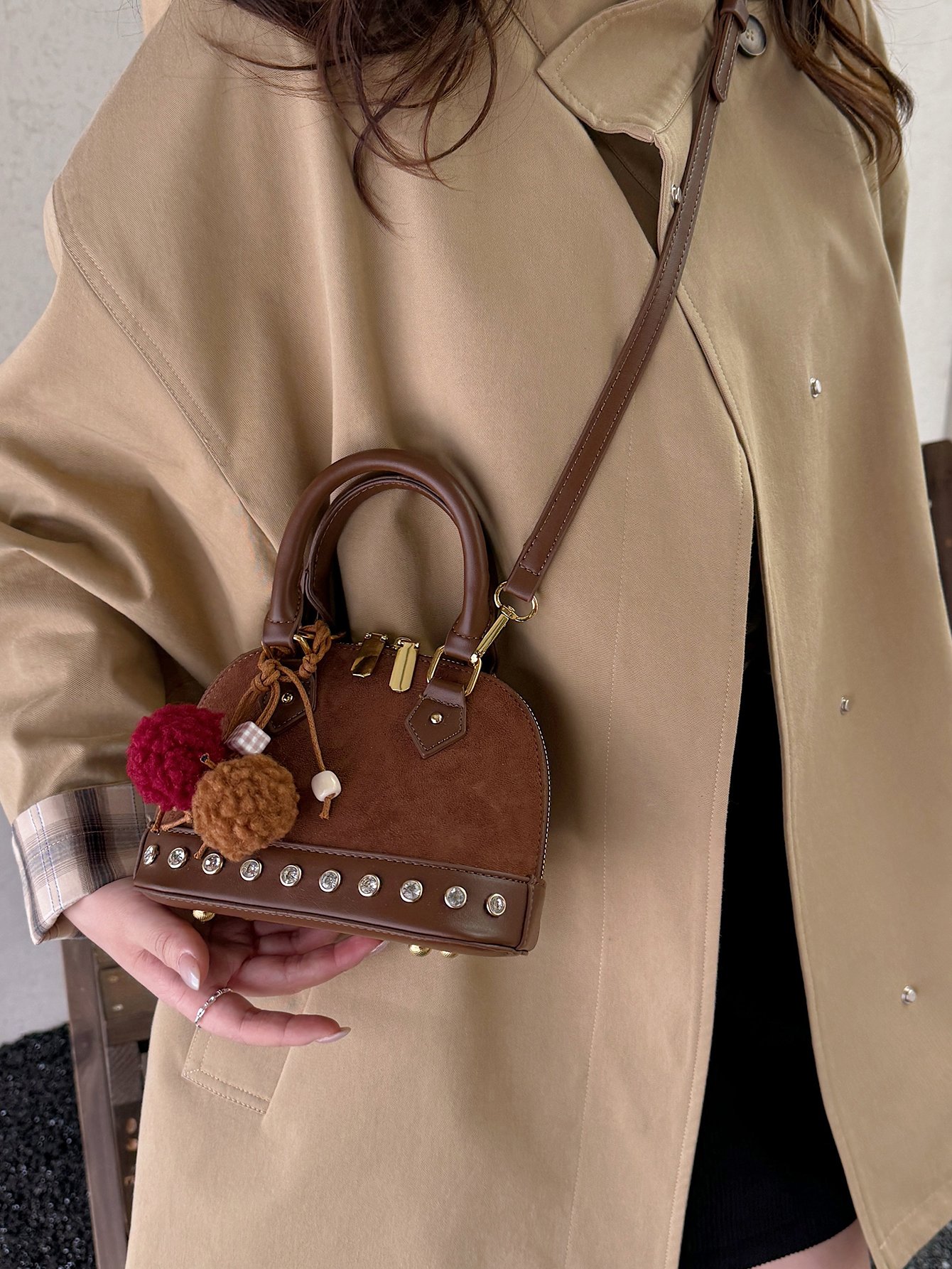 Coffee Brown Suede Look Crossbody Bag with Rhinestone Trim