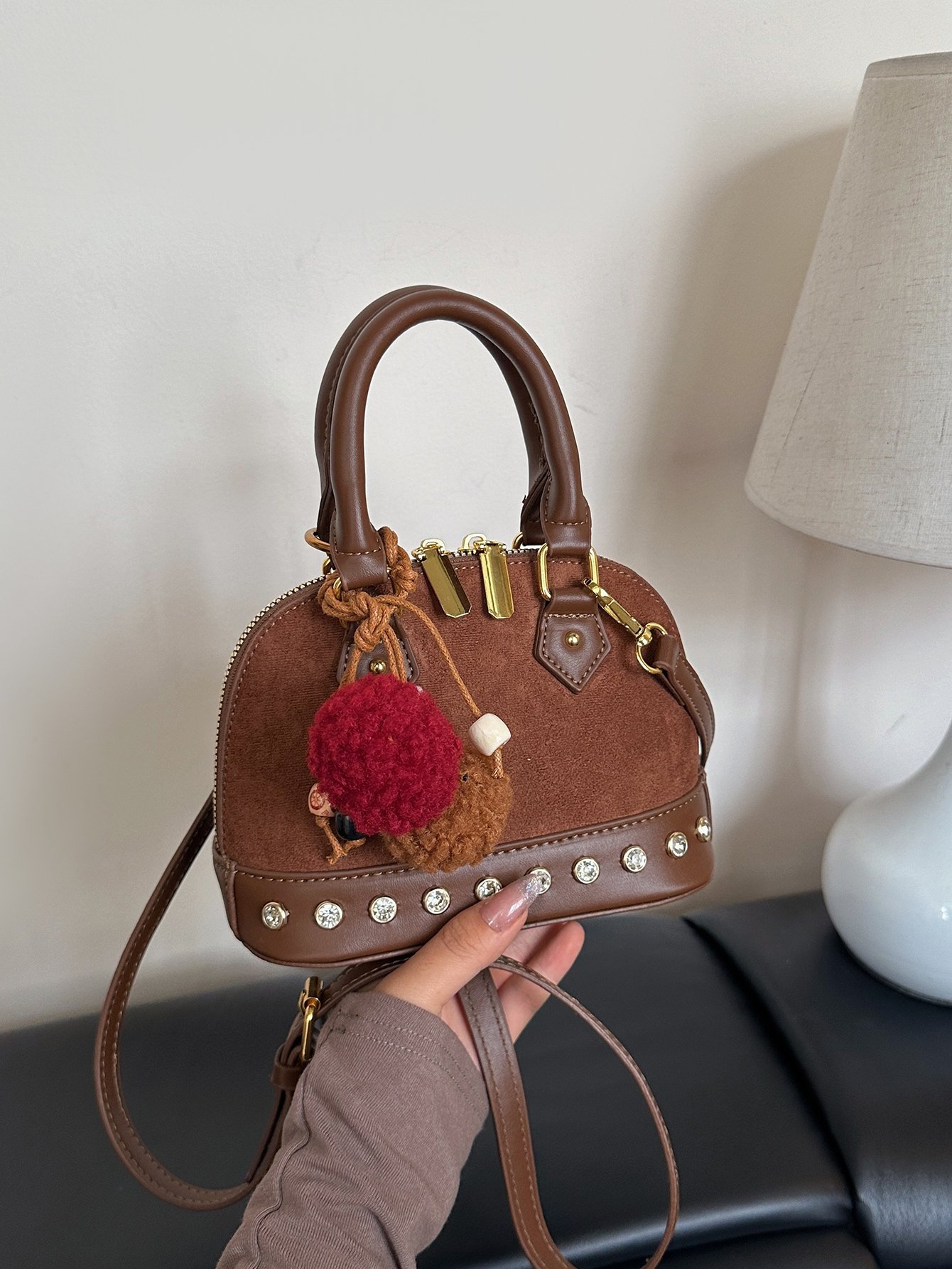 Coffee Brown Suede Look Crossbody Bag with Rhinestone Trim