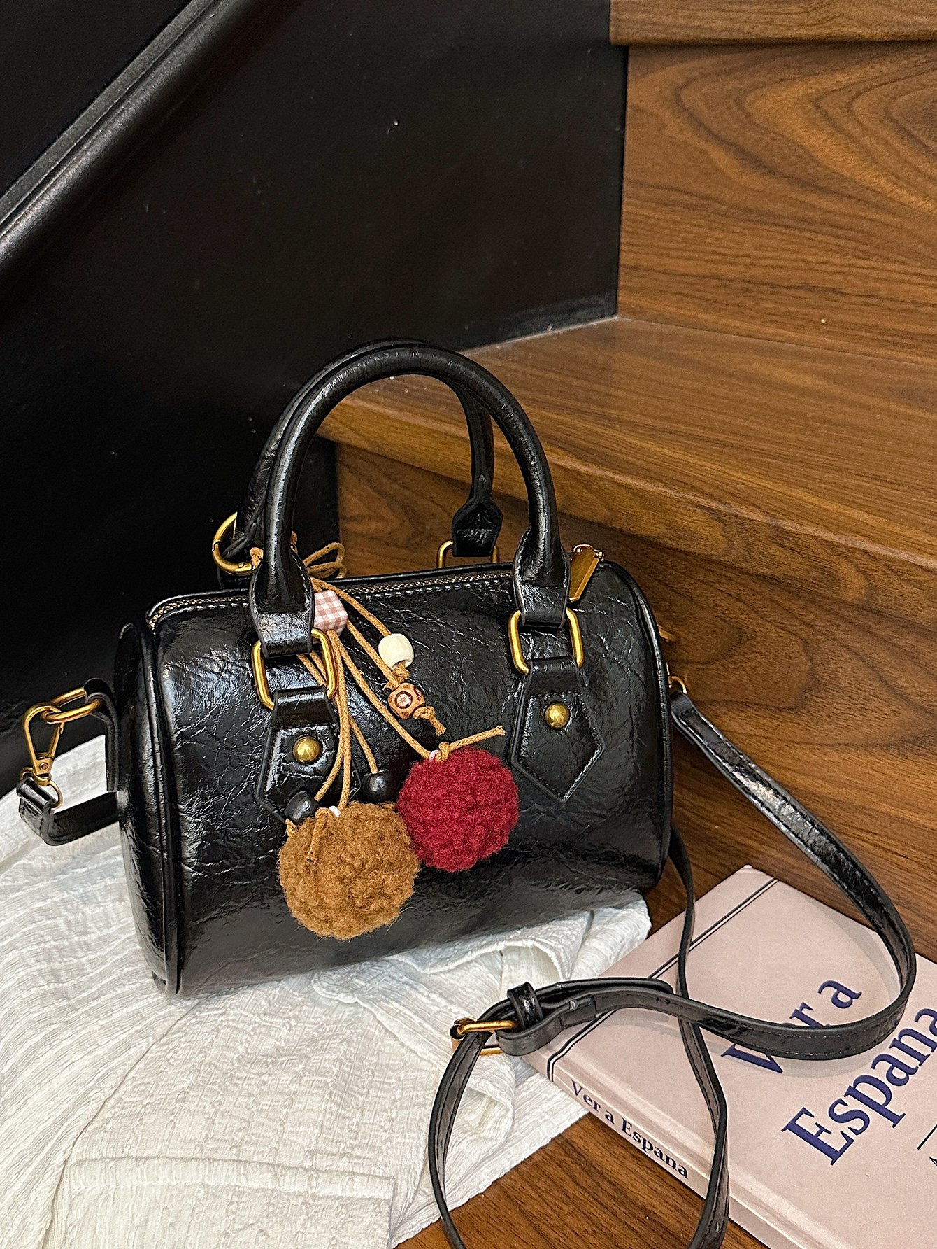 Black Bowling Crossbody Bag with Pompom Charm