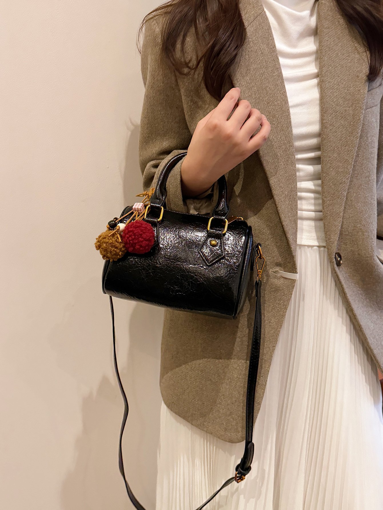 Black Bowling Crossbody Bag with Pompom Charm
