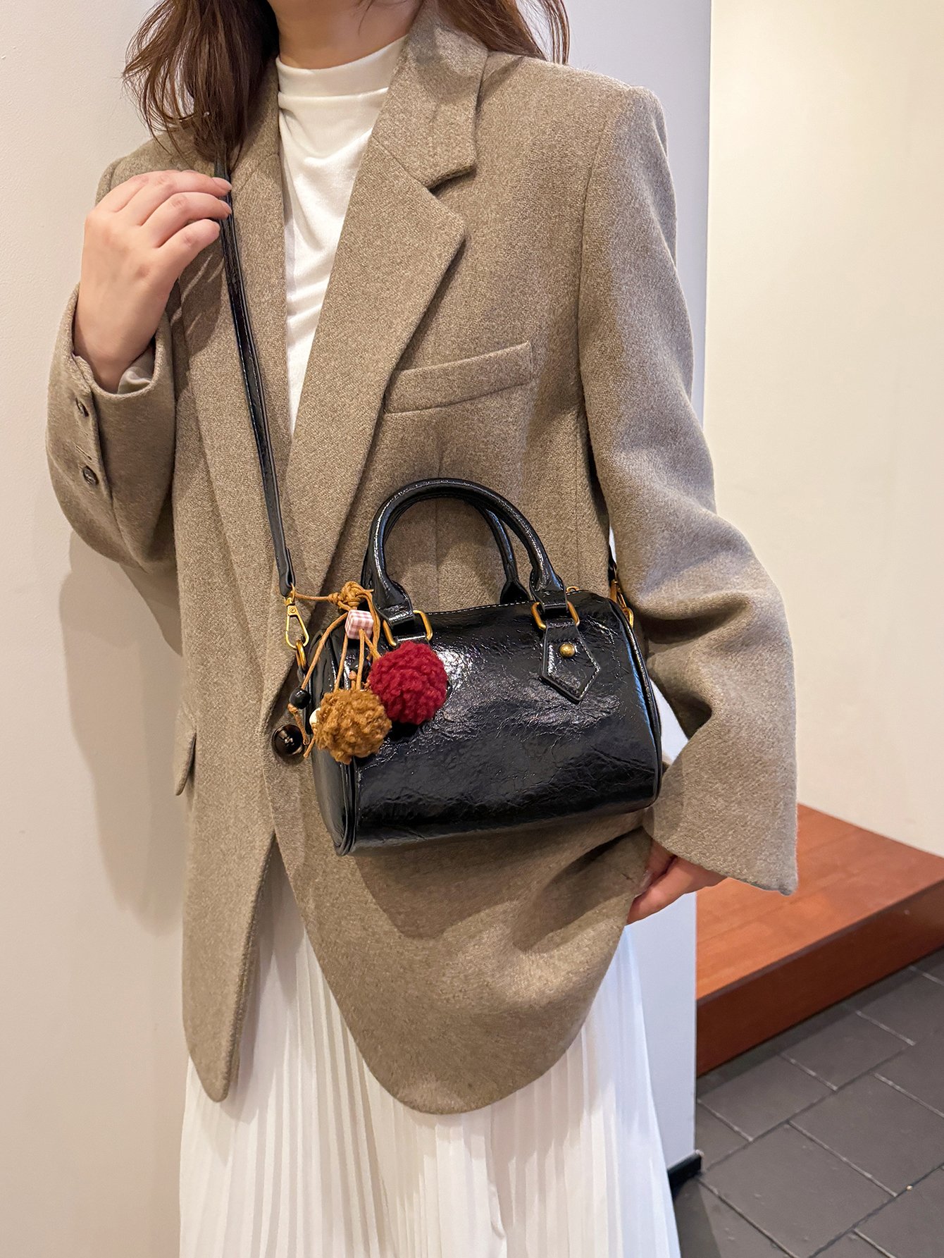 Black Bowling Crossbody Bag with Pompom Charm