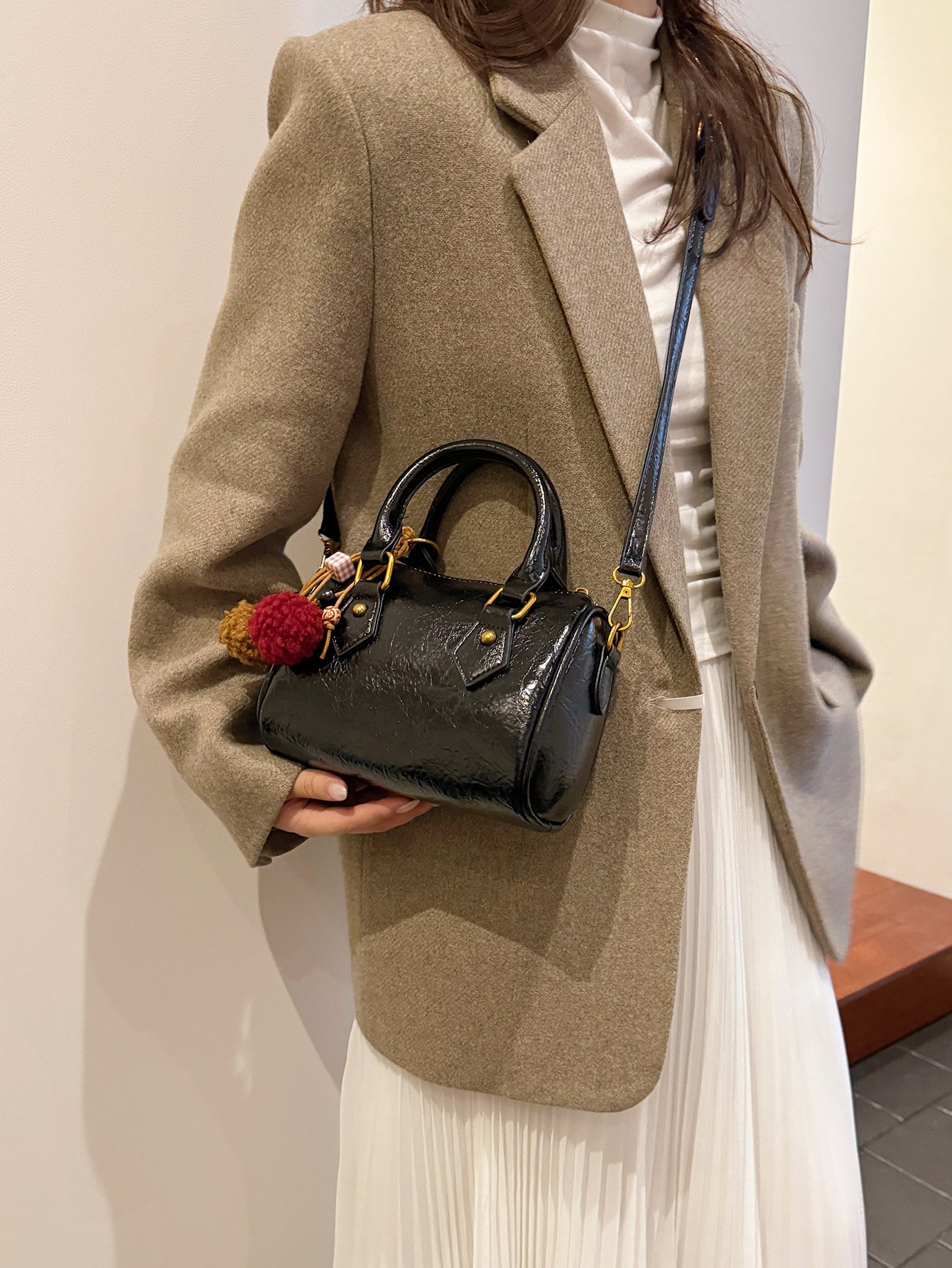Black Bowling Crossbody Bag with Pompom Charm