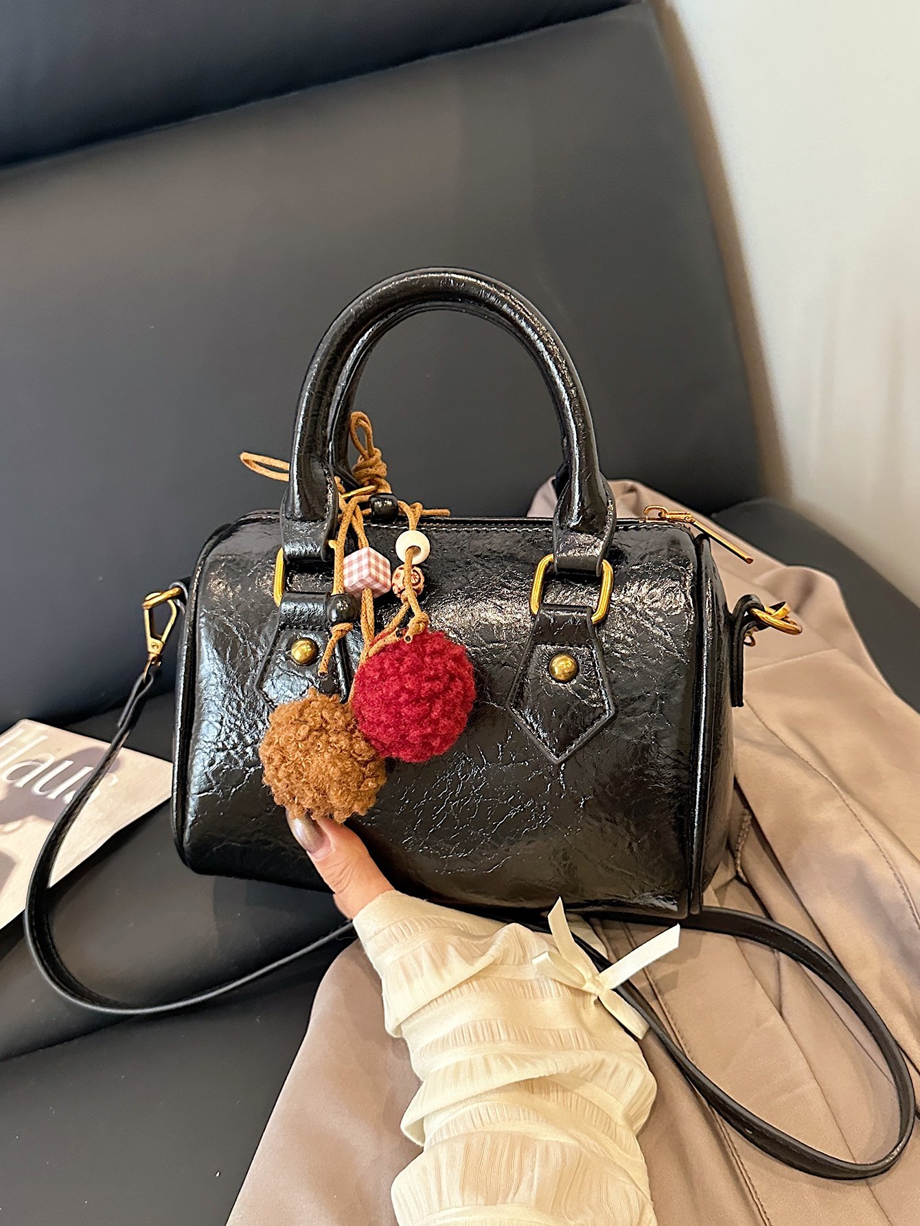 Black Bowling Crossbody Bag with Pompom Charm
