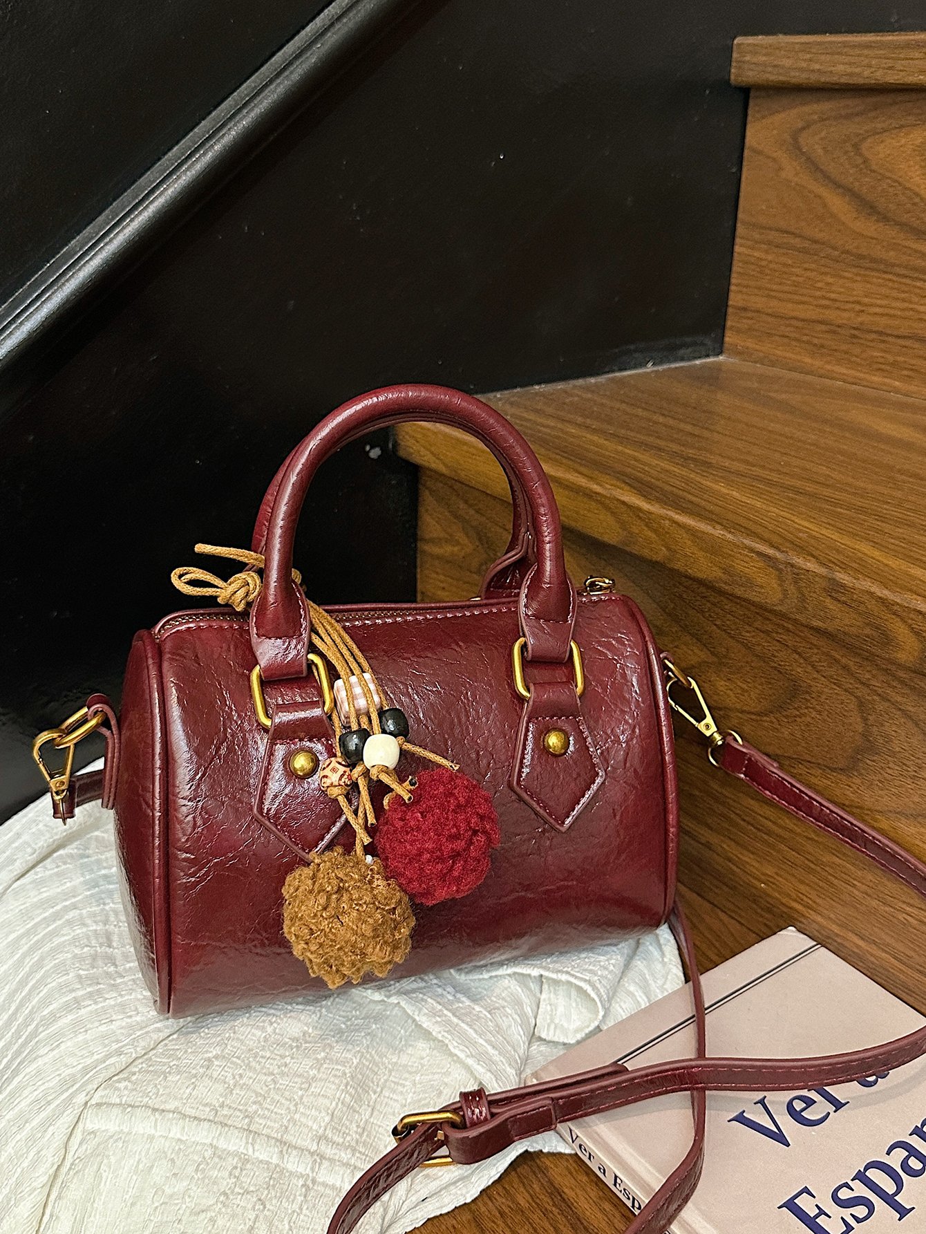 Burgundy Faux Leather Mini Bowling Bag with Tassel Charm