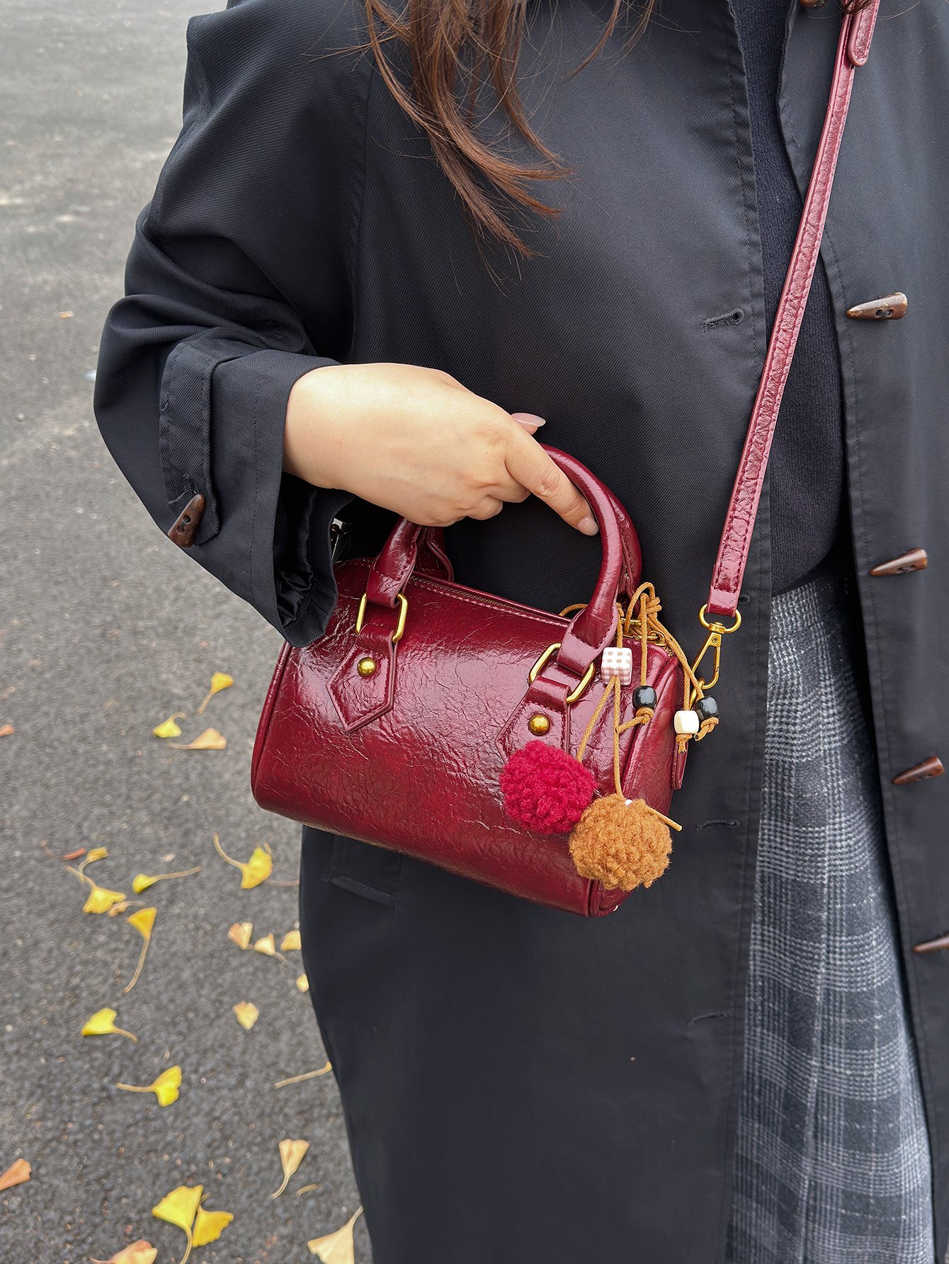Burgundy Faux Leather Mini Bowling Bag with Tassel Charm