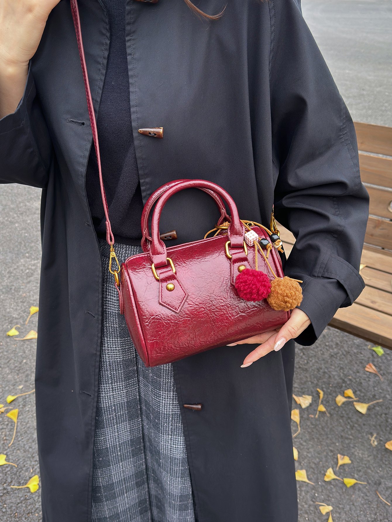 Burgundy Faux Leather Mini Bowling Bag with Tassel Charm