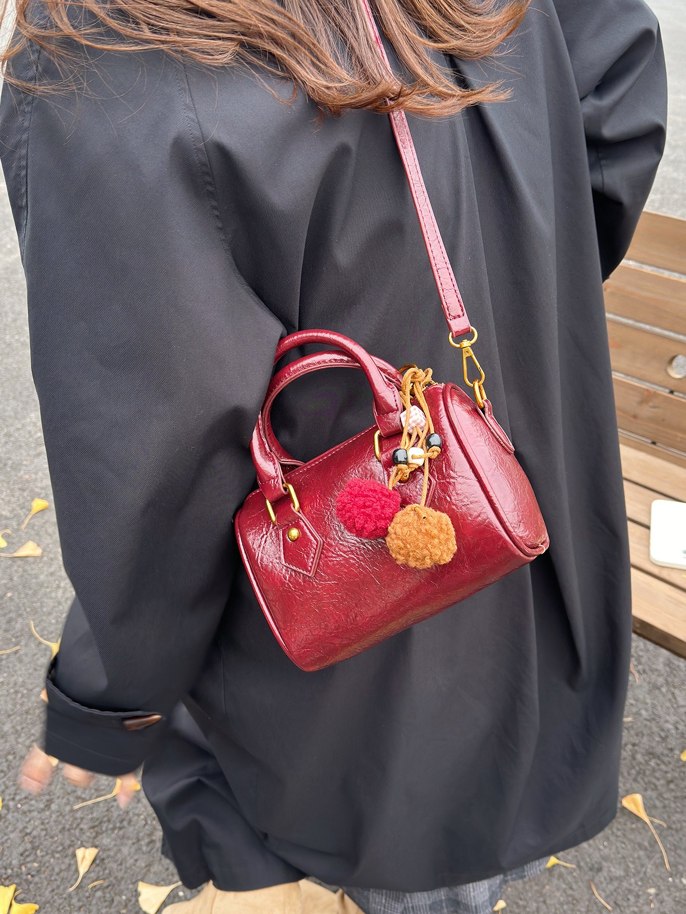 Burgundy Faux Leather Mini Bowling Bag with Tassel Charm