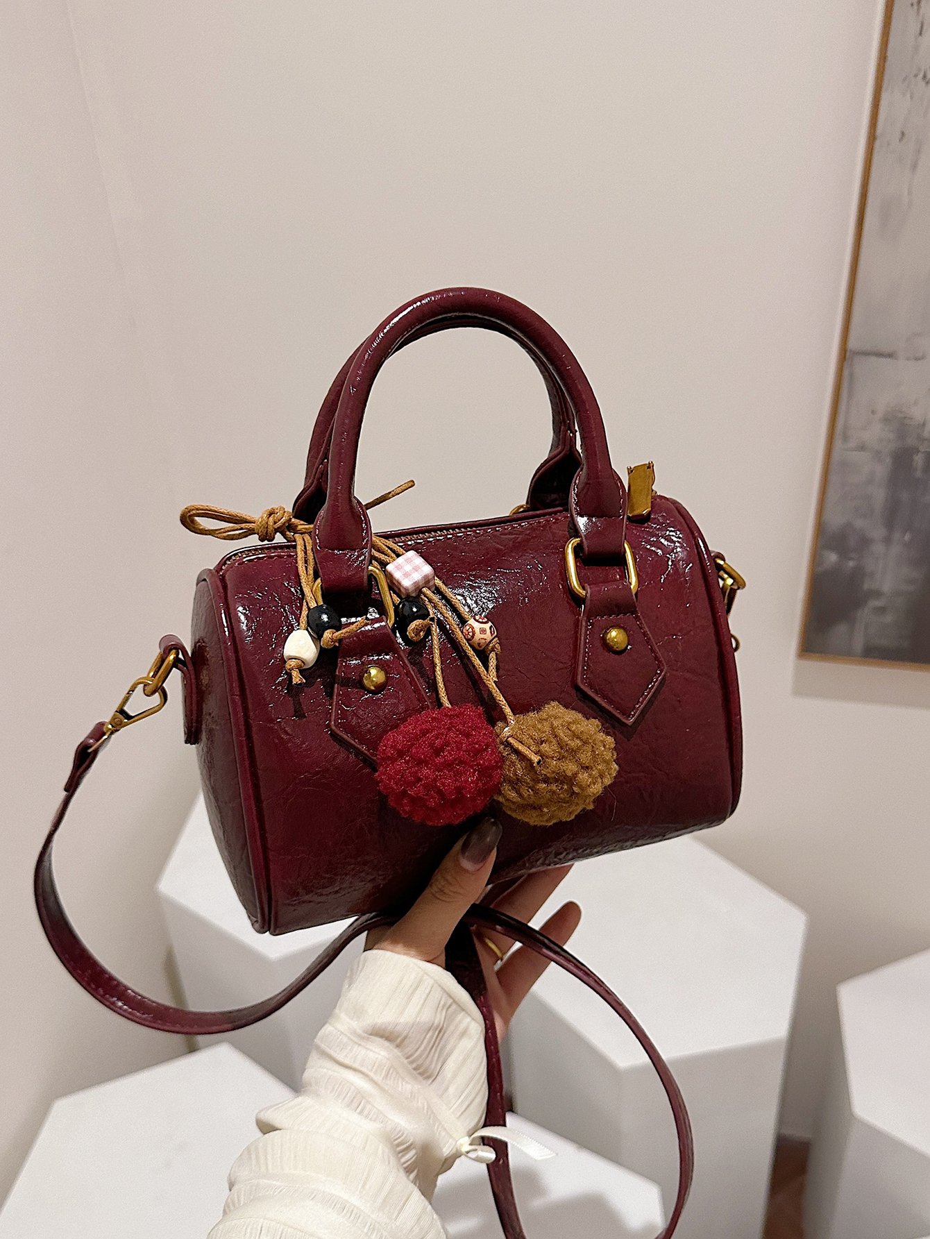 Burgundy Faux Leather Mini Bowling Bag with Tassel Charm